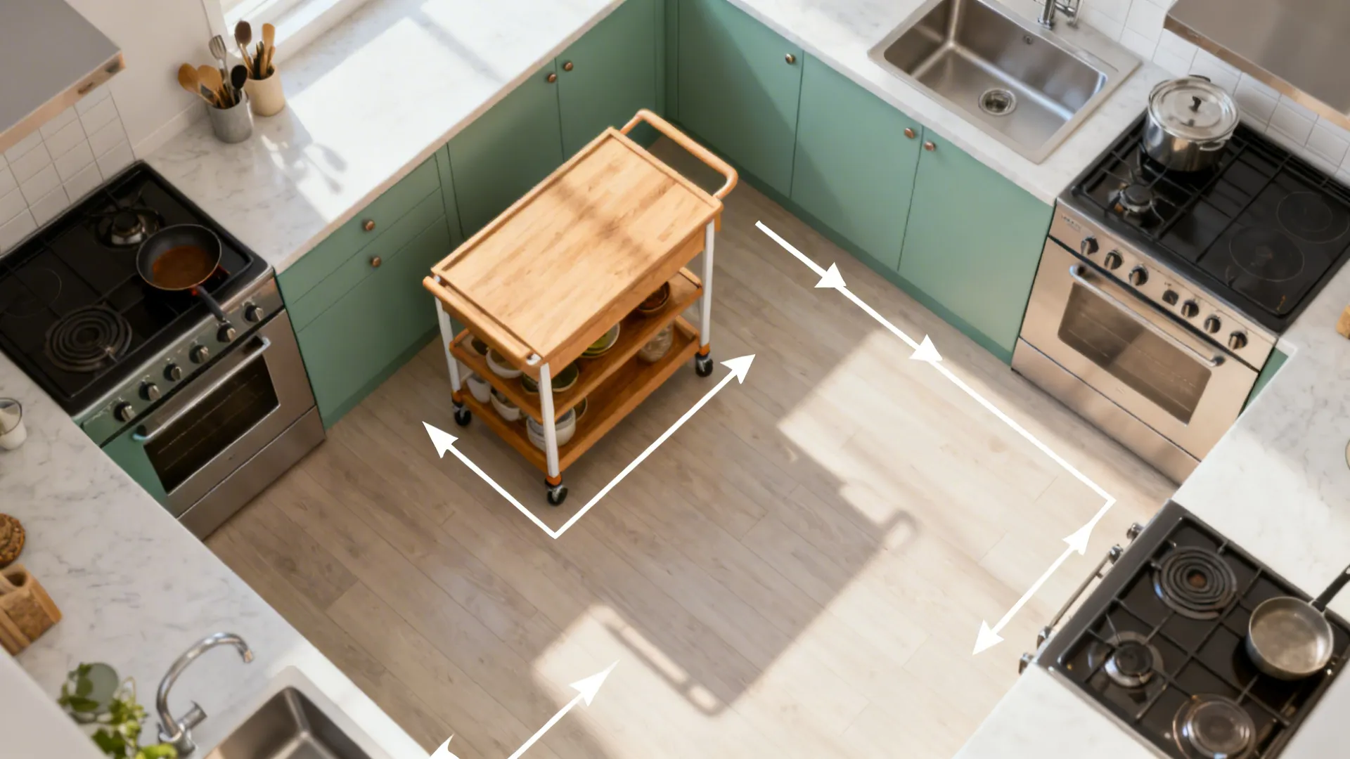 Top-down view of an L-shaped small kitchen showing optimal trolley placement and clear aisles