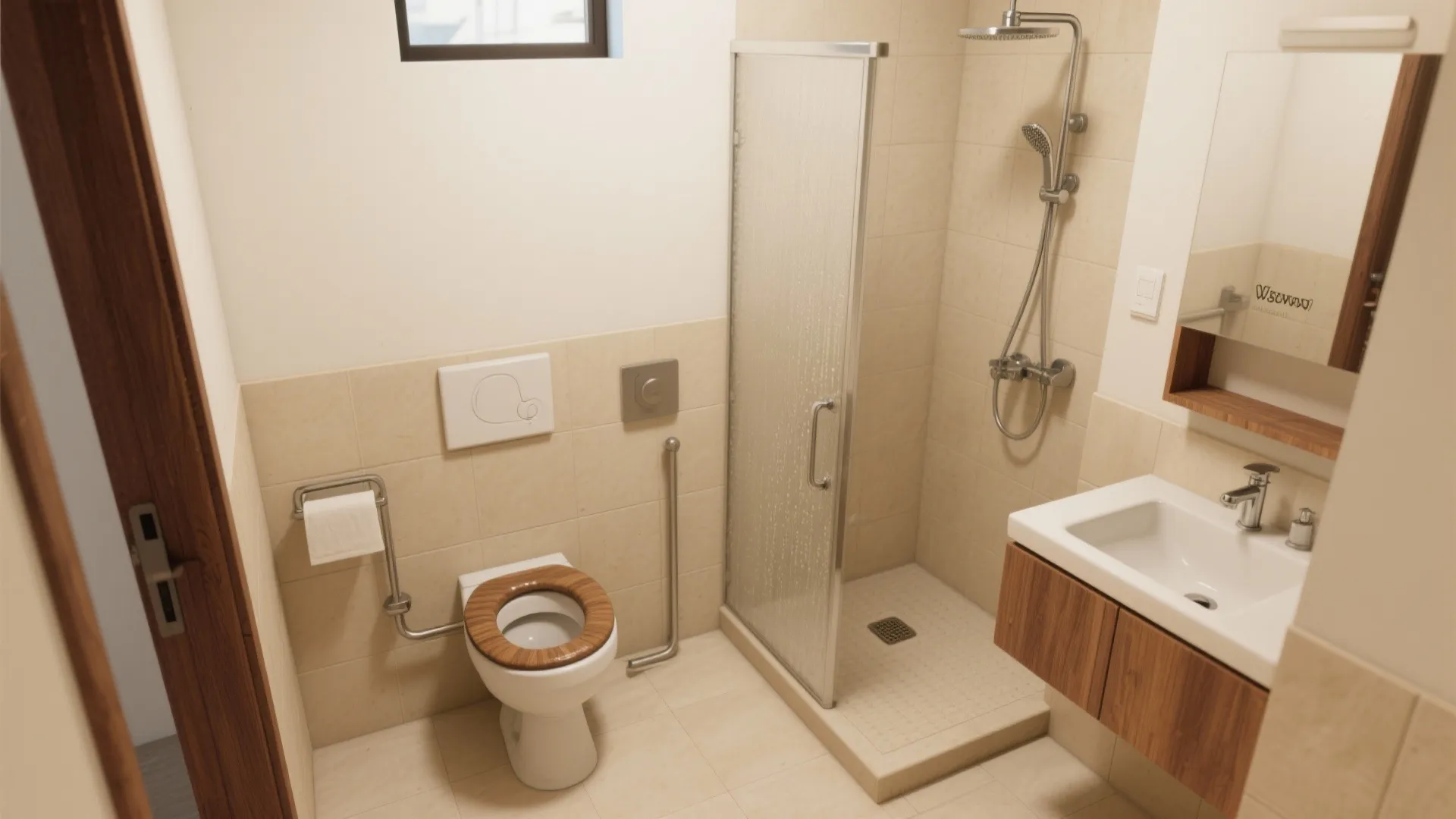 L-shaped small-bathroom layout around the Indian toilet