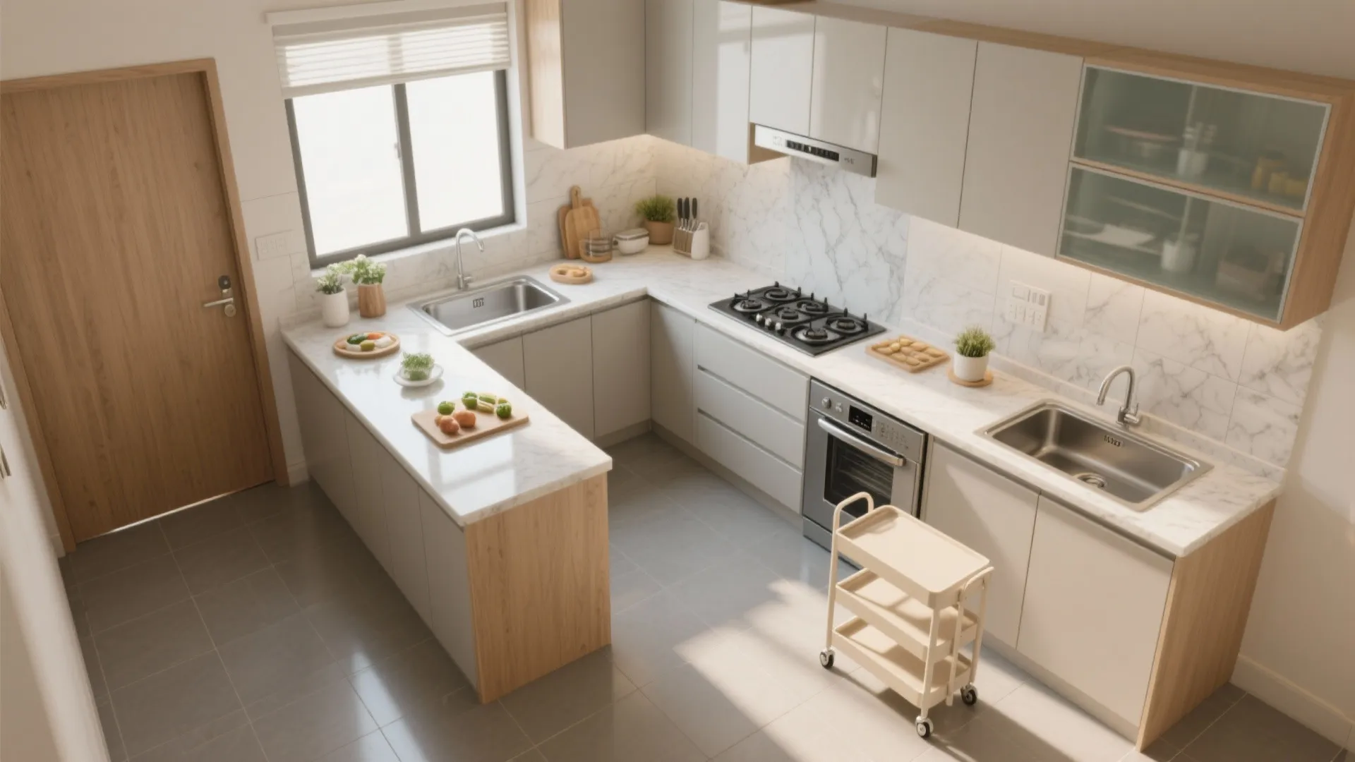 L-shaped layout with smart work zones