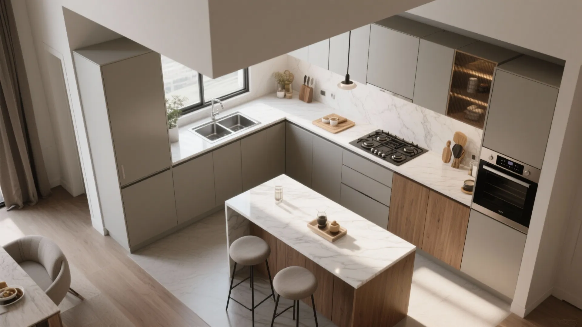 L-shaped layout with a flexible dining ledge