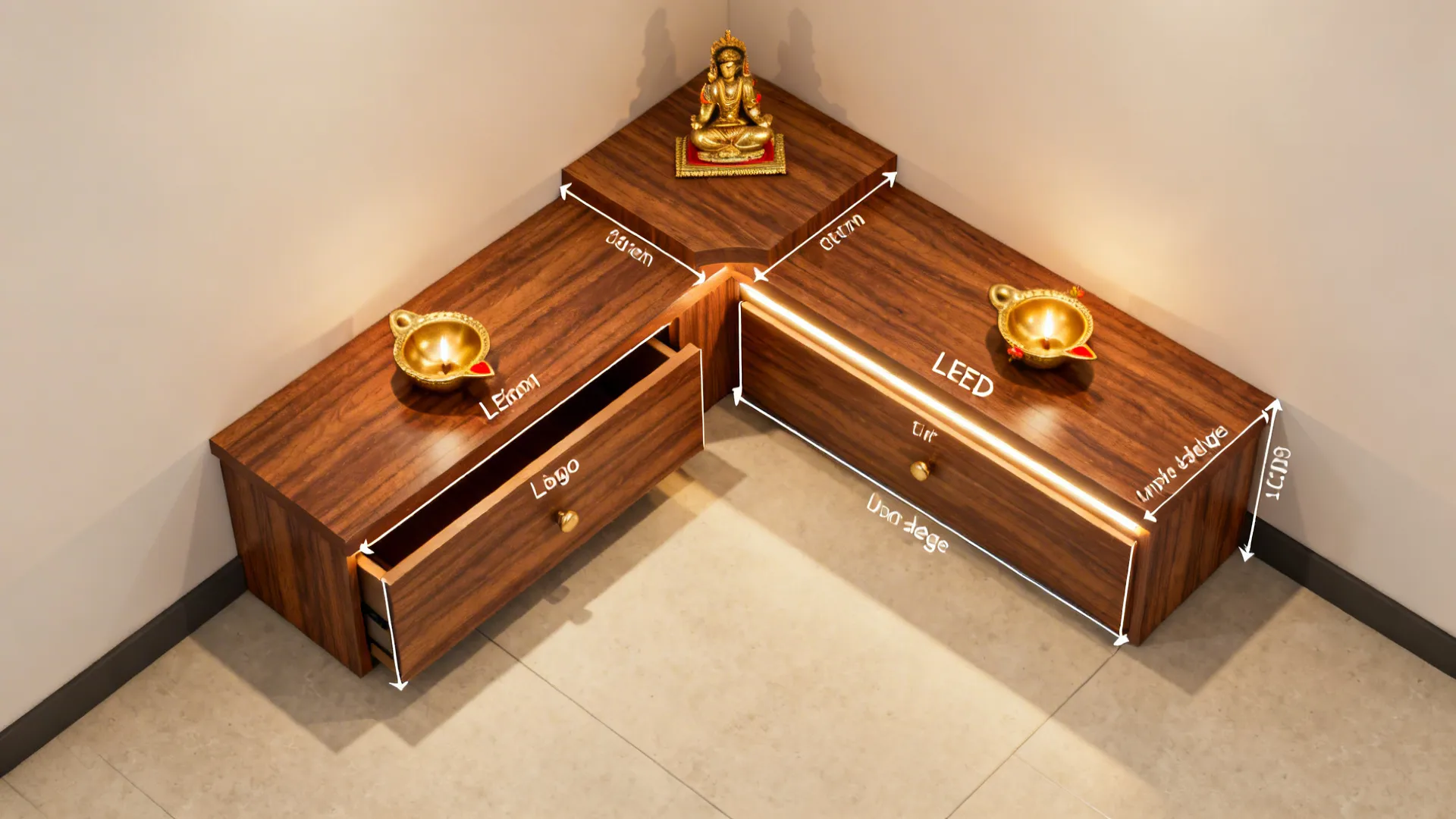 Top-down view of L-shaped pooja ledges with drawer and LED placement.