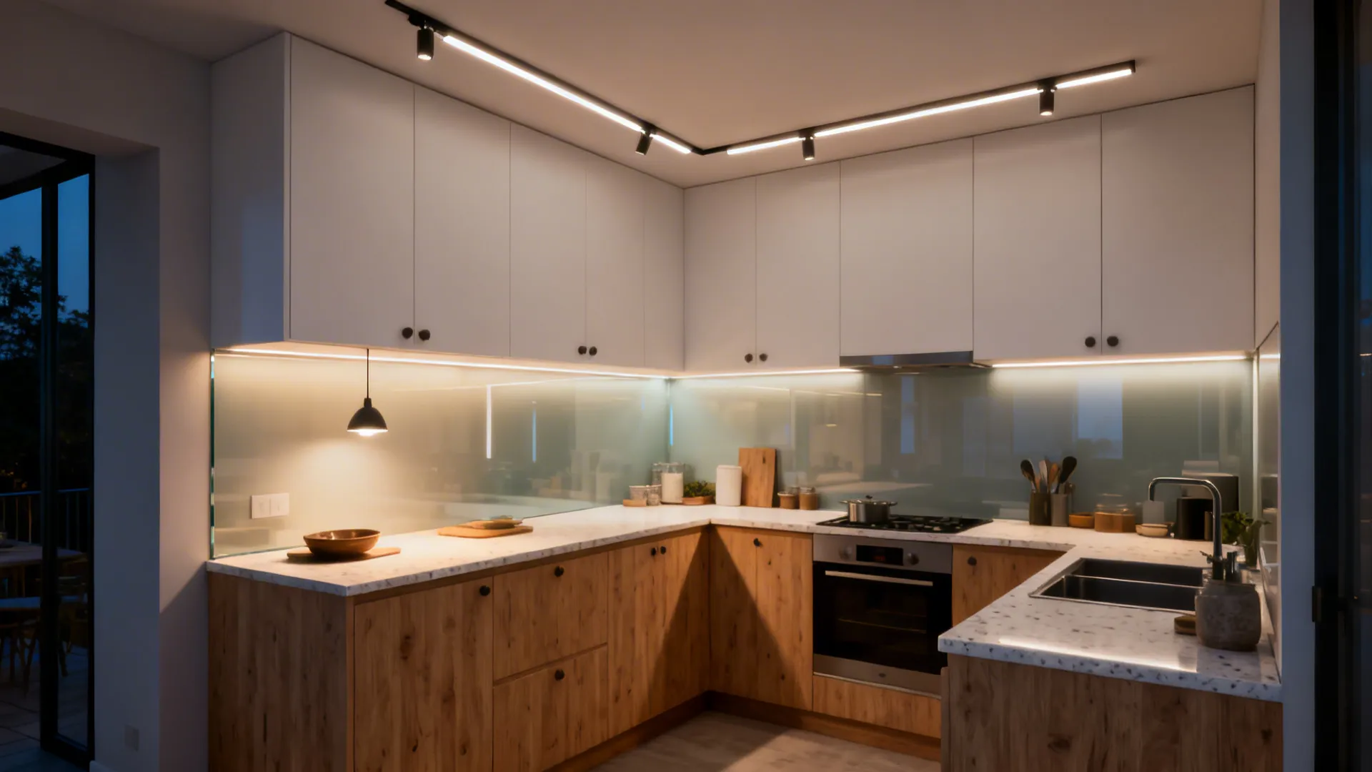 Modern kitchen with wooden lower cabinets white upper cabinets track lighting and warm under lights