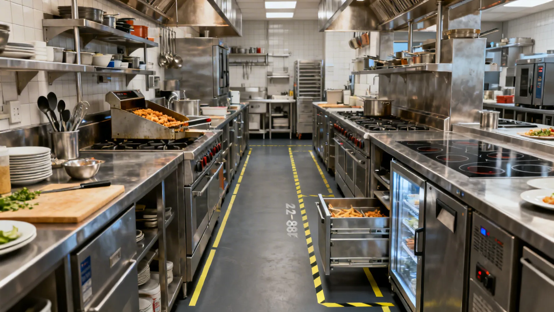Split view showing a cluttered galley before and an efficient L-line after with clear aisles.