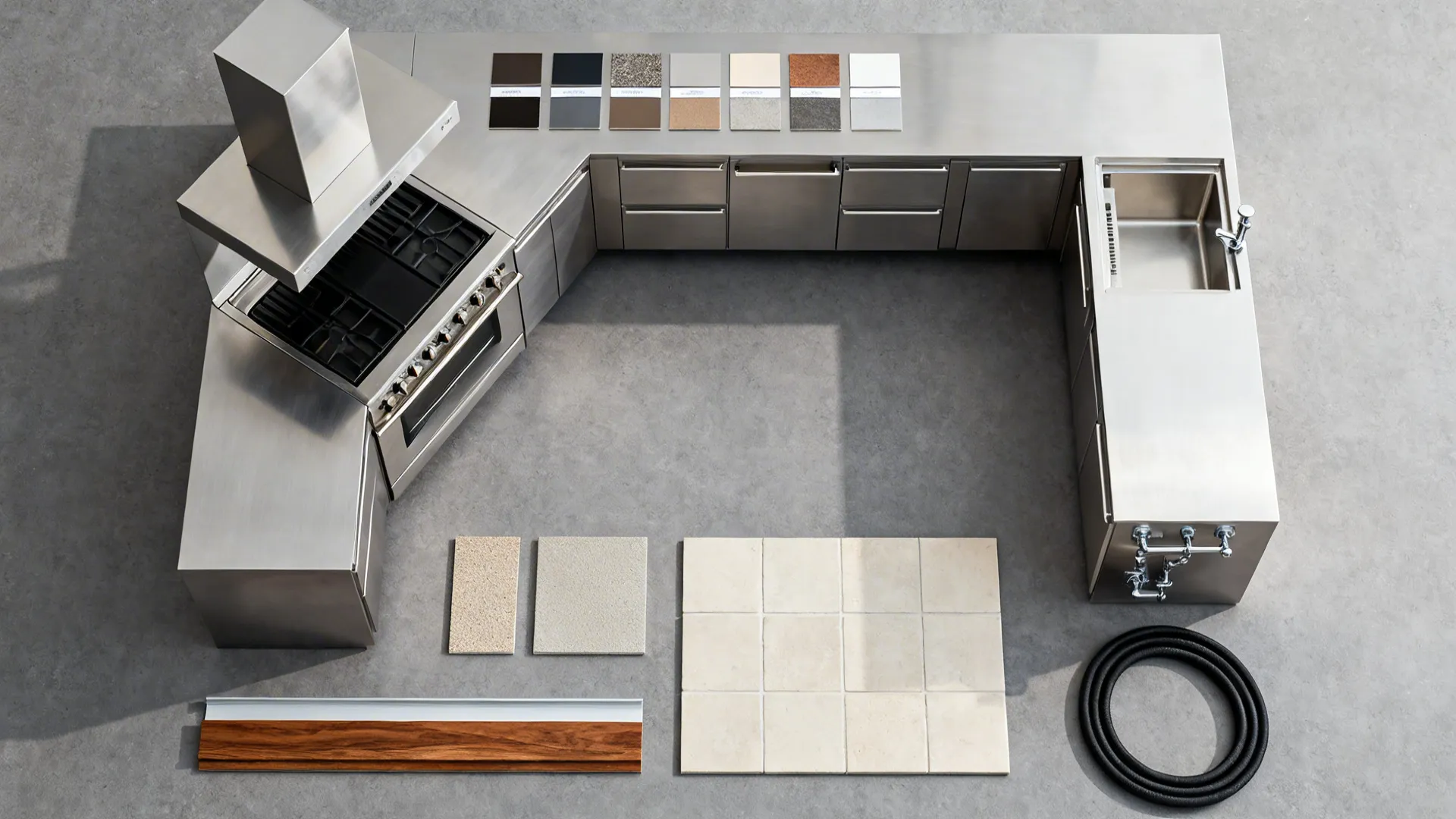 Overhead view of a stainless steel kitchen counter with material samples sink oven and floor tiles