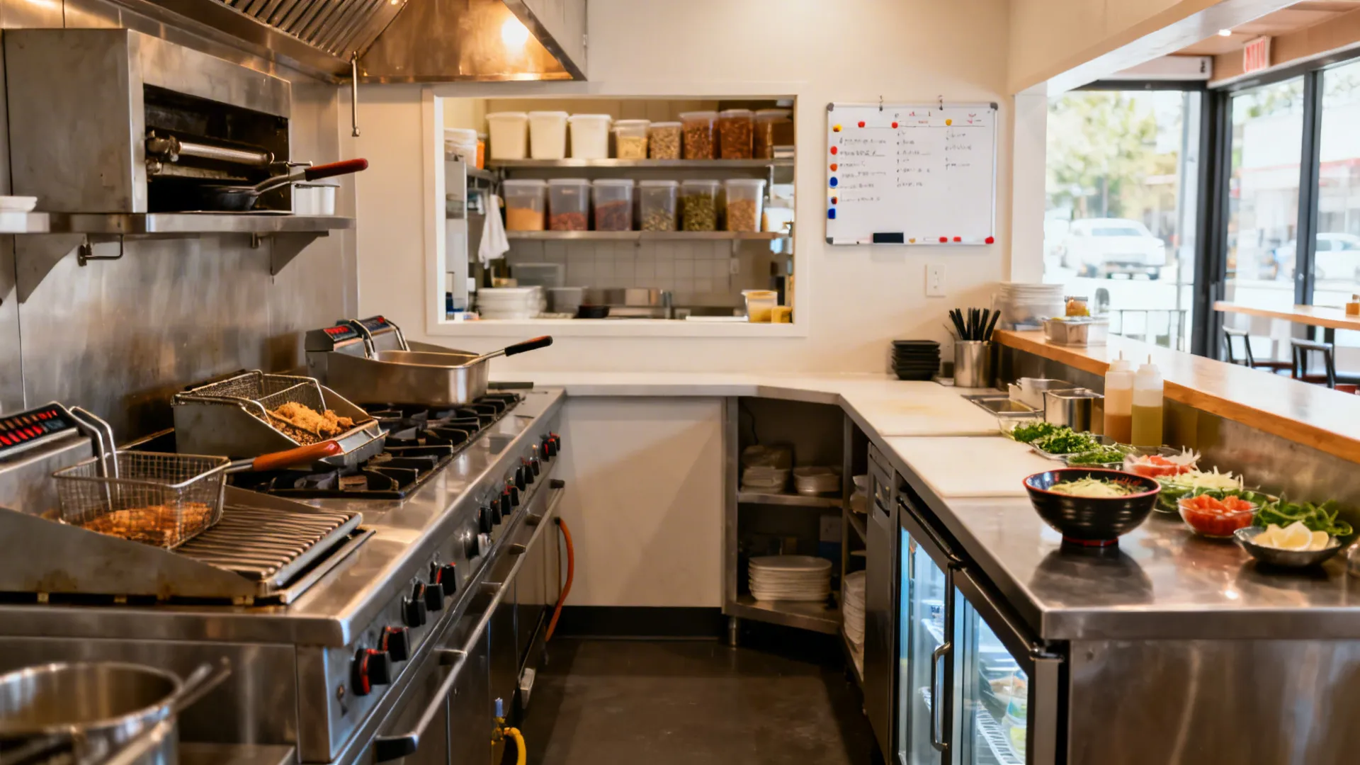 L-shaped hot line with a corner finishing station and a remote prep alcove in view.