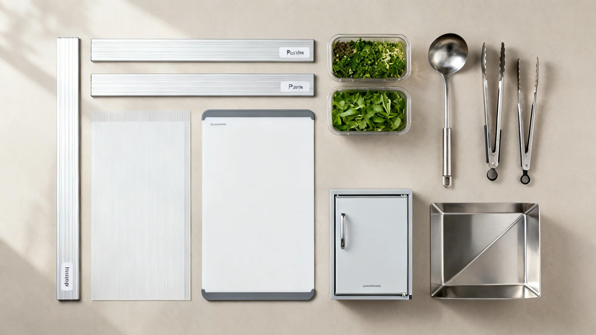Flat lay of par sheets, whiteboard strips, garnish containers, and stainless line tools.