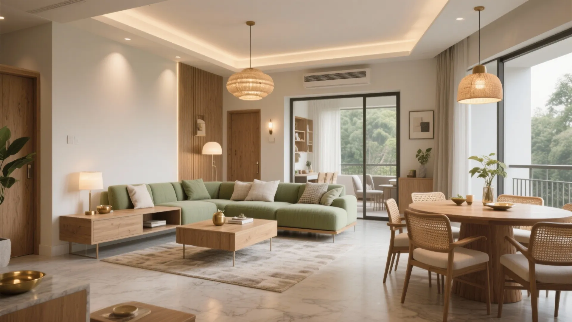 L-shaped living–dining for flow and family time