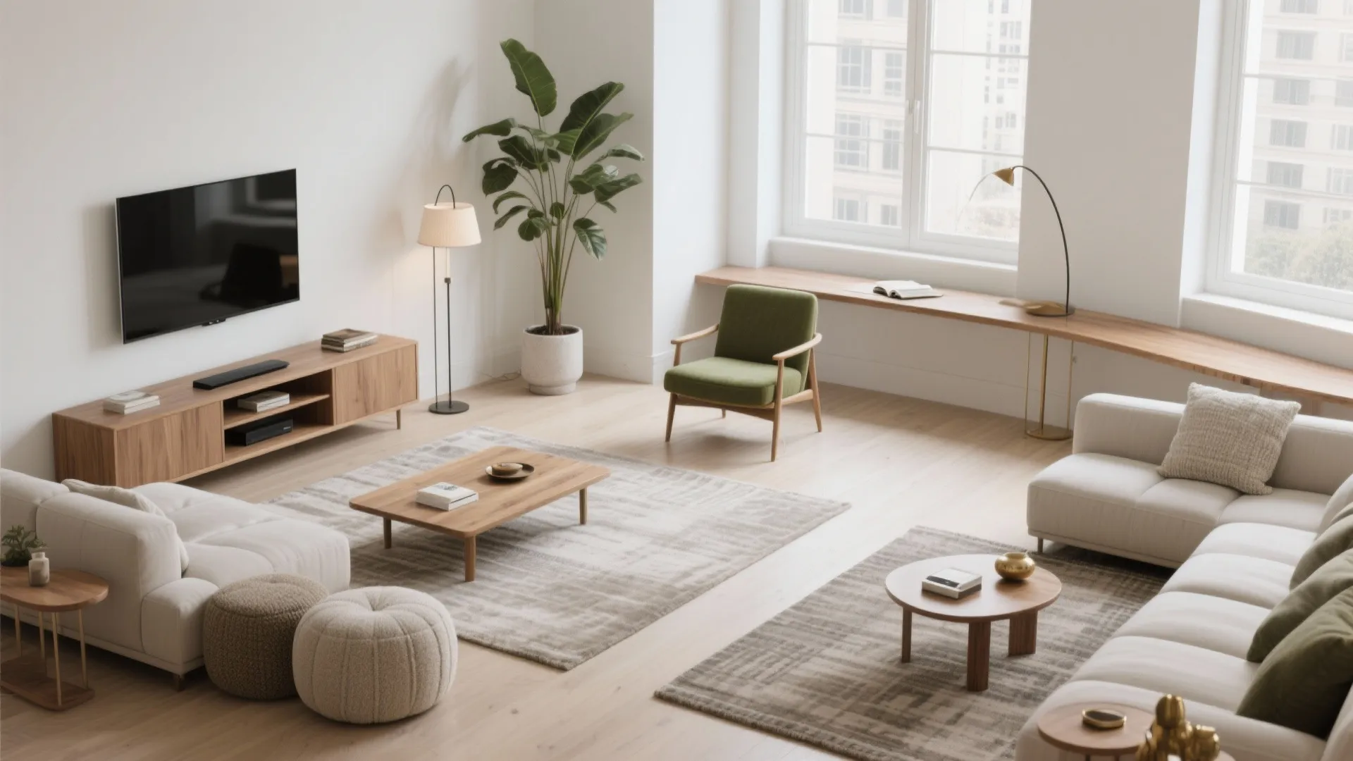 Spacious living room layout with large windows white sofa wooden furniture and green accent chair