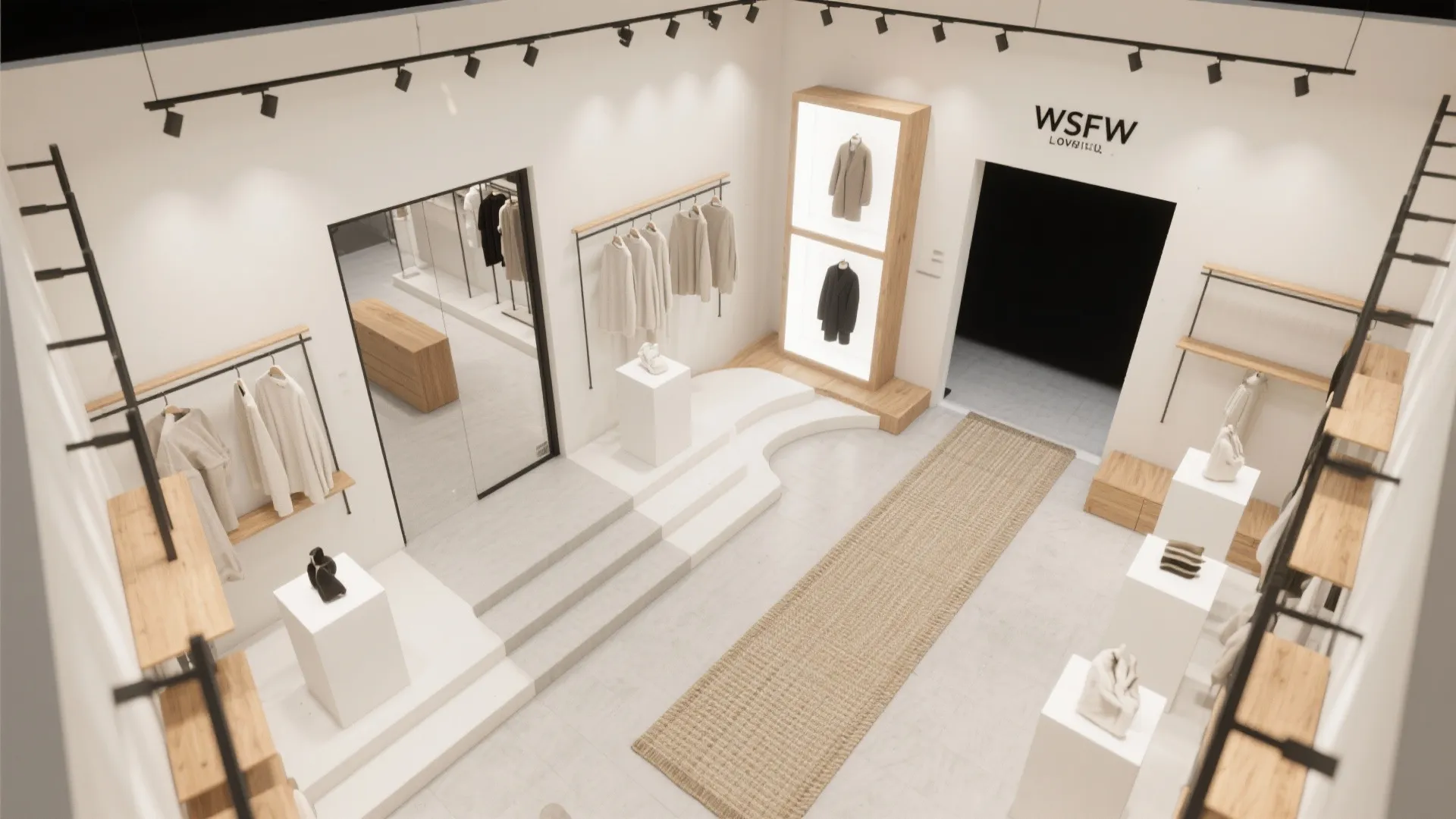 High angle interior design drawing of a minimalist clothing store with white walls and racks