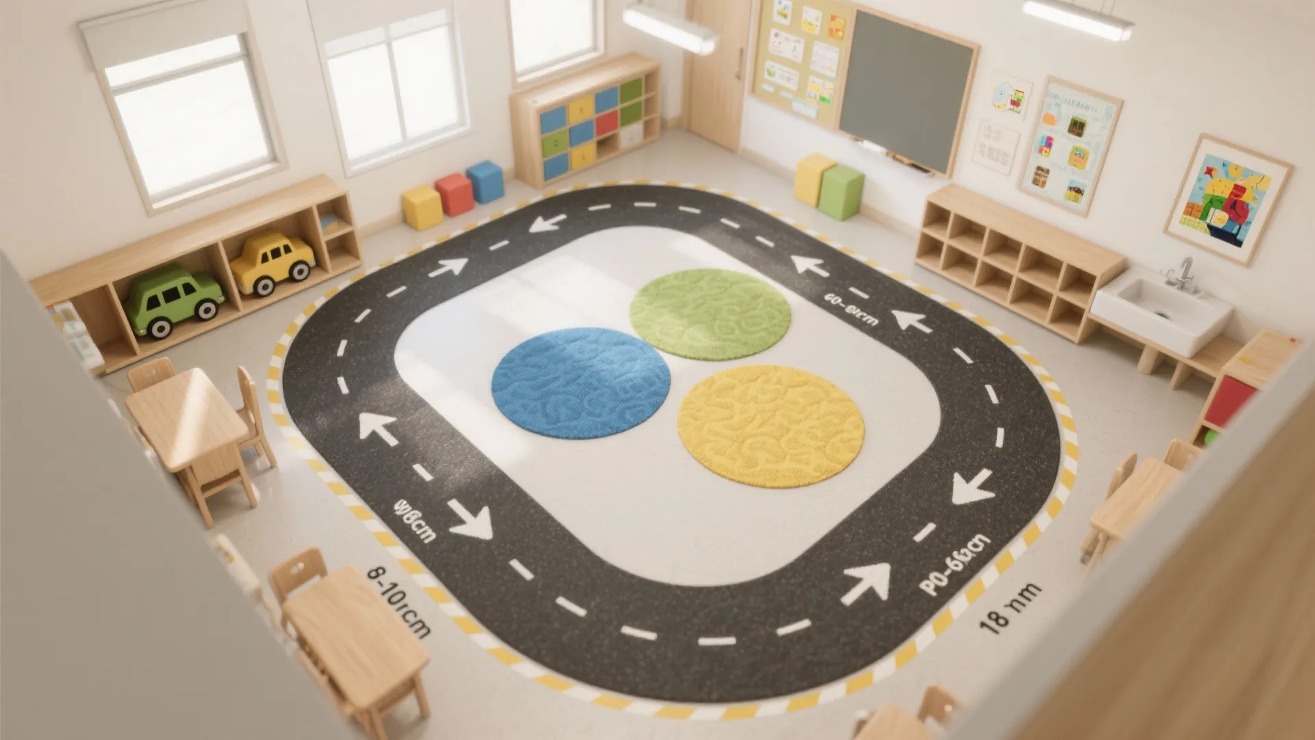 Top view of preschool room showing a black track rug with arrows and wooden furniture