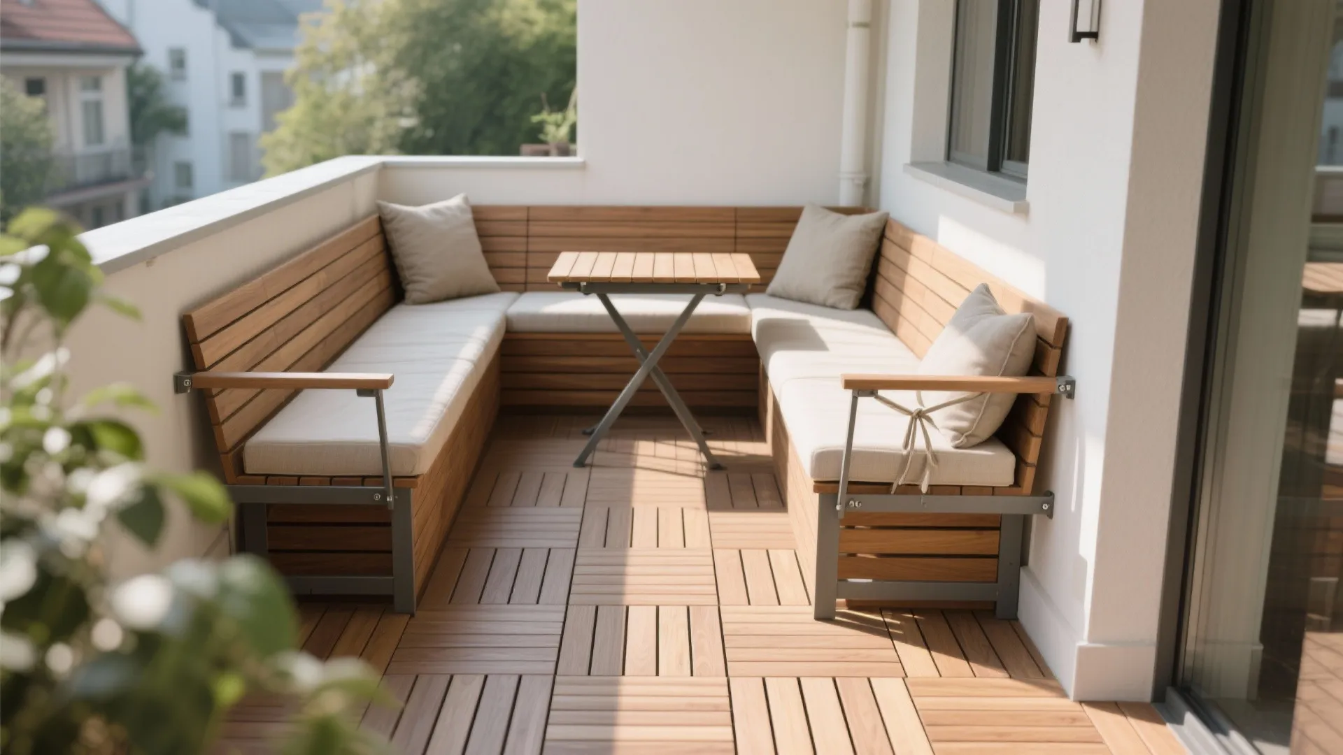 L-shaped micro lounge with foldable table