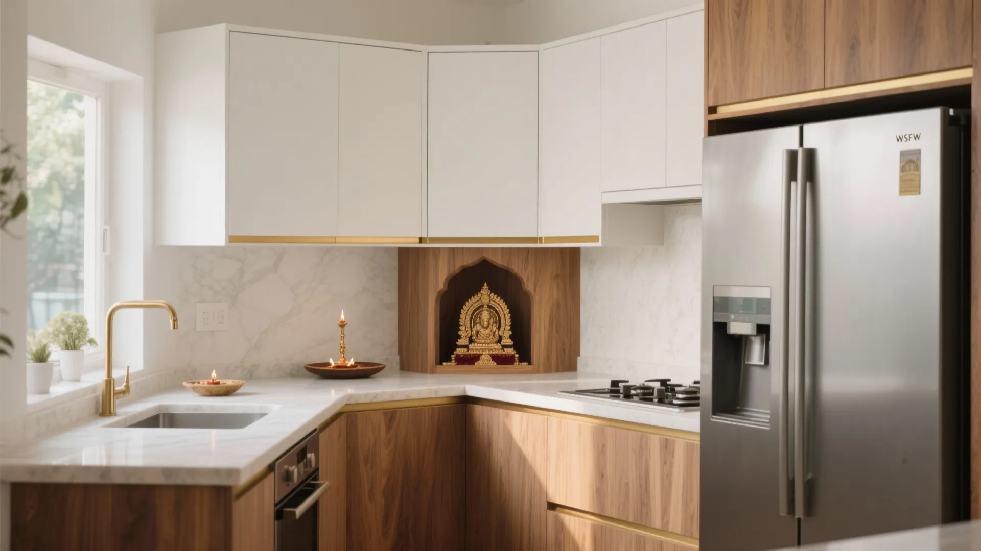 Modern kitchen with white upper cabinets wooden lower cabinets built in shrine and silver fridge