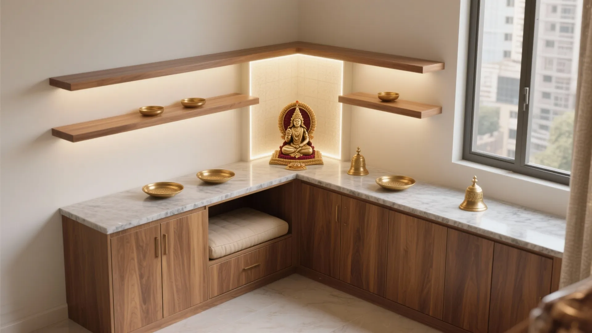 1) L-shaped Corner Mandir That Doubles as a Niche