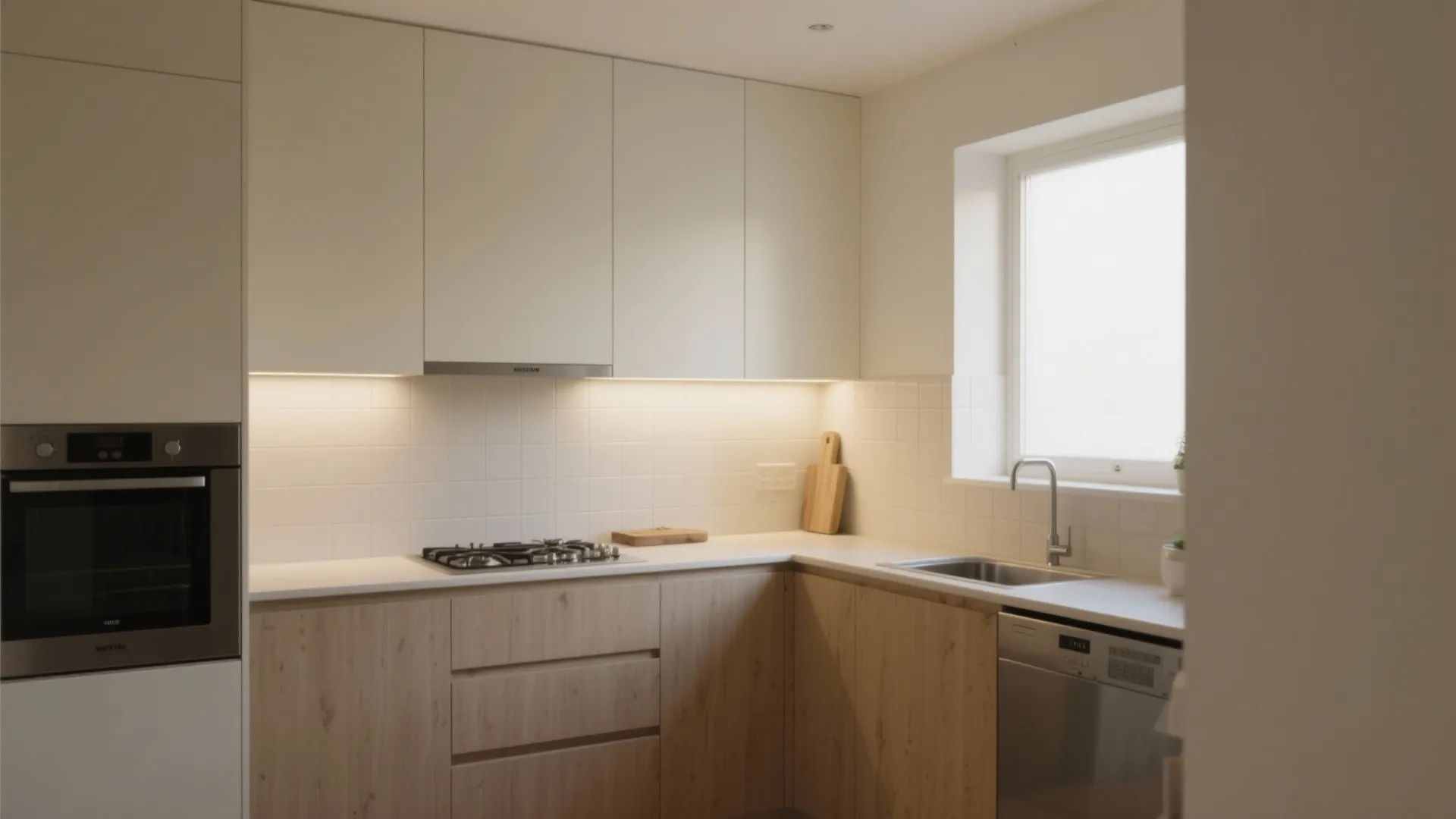 Modern cream kitchen with light wood cabinets white tiles gas stove sink and bright window area