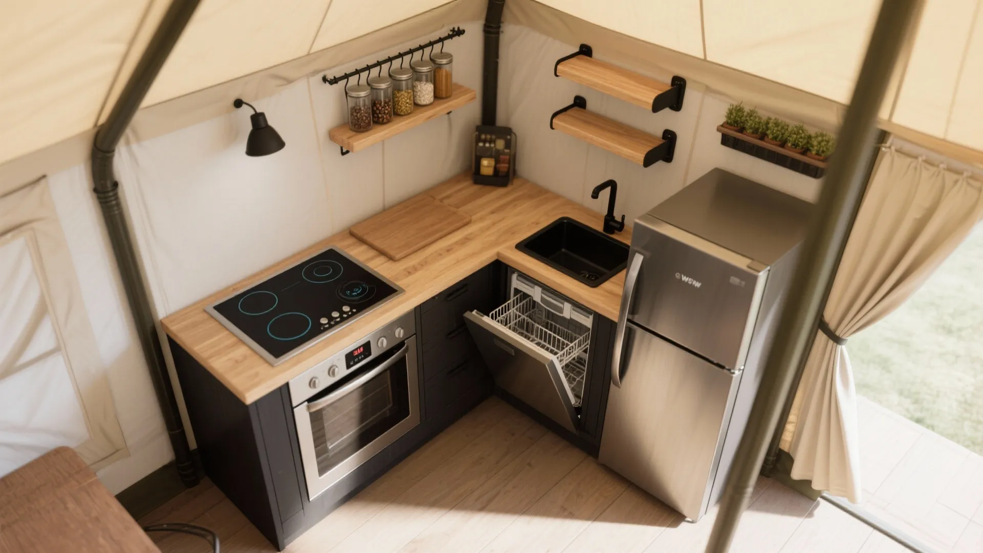3) Chef’s kiss in a compact footprint: L-shaped micro-kitchen