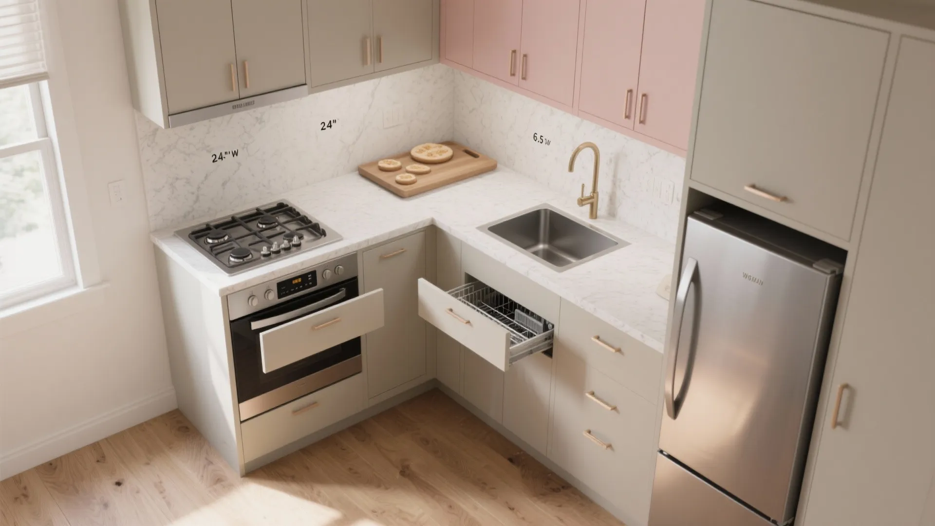 L-shaped micro-kitchen that unlocks counters