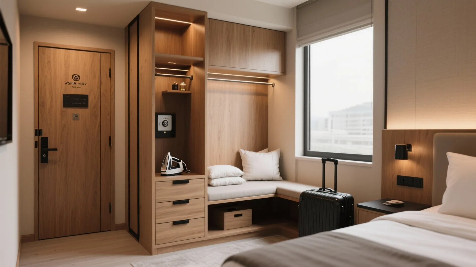 Modern wooden cabinet unit in hotel bedroom featuring storage drawers padded bench seat and window