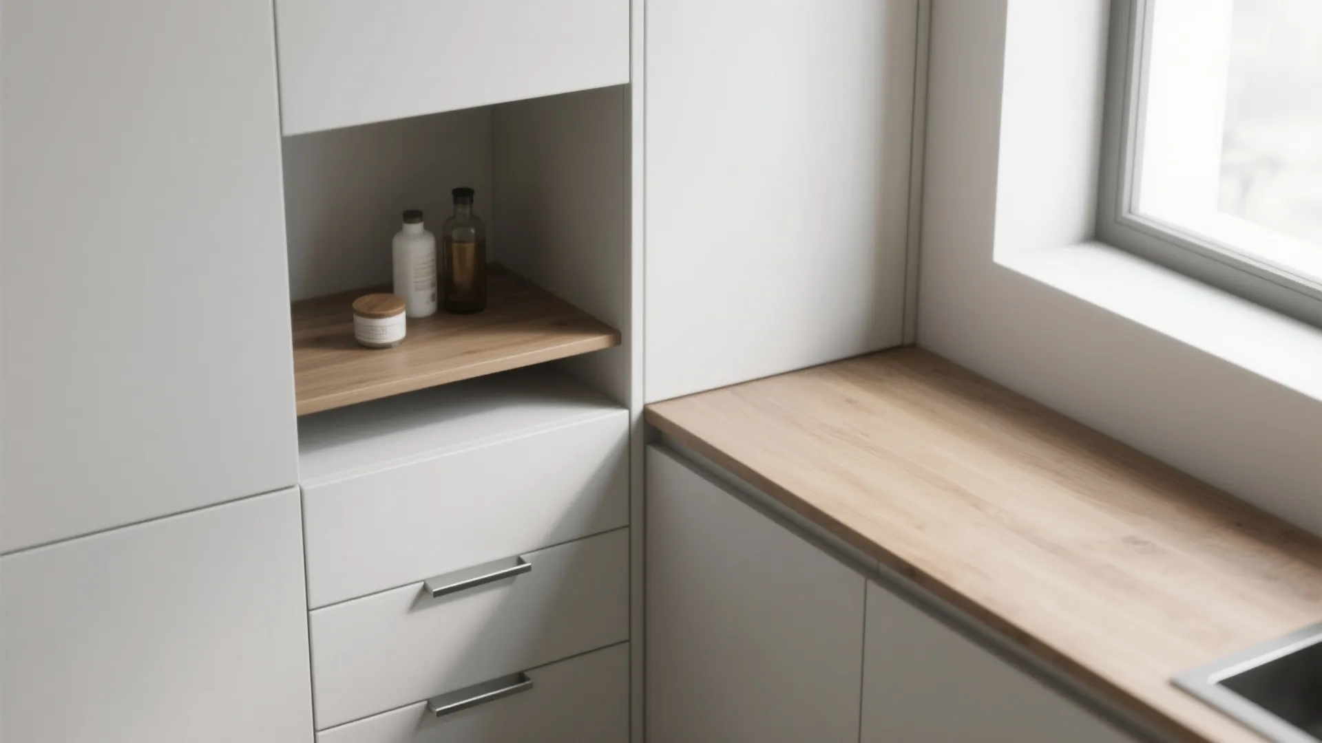 Minimalist storage along the L-shaped wall