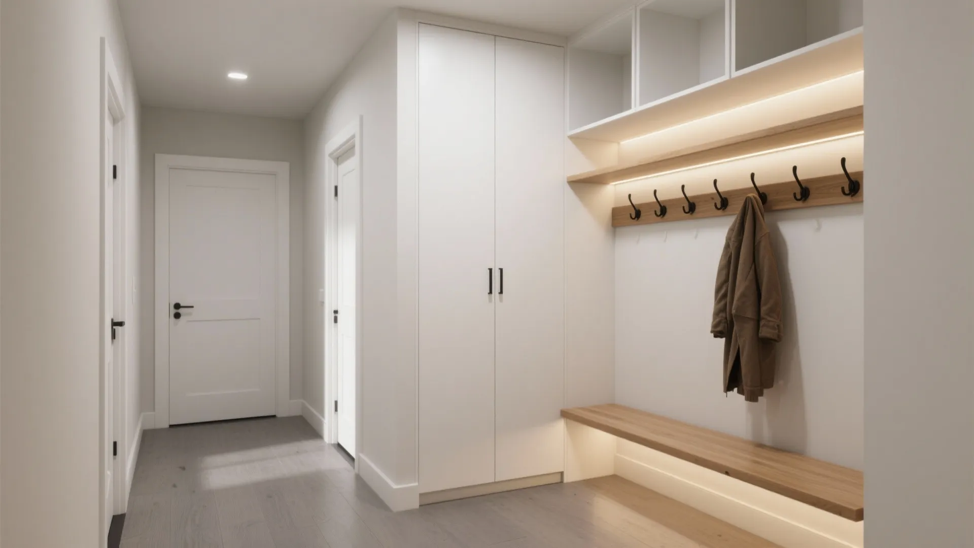 L-Shaped Hall Niche with Bench and Overhead Cubbies