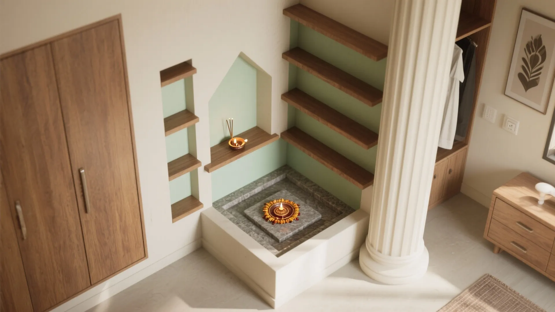 L-shaped niche mandir for studio apartments