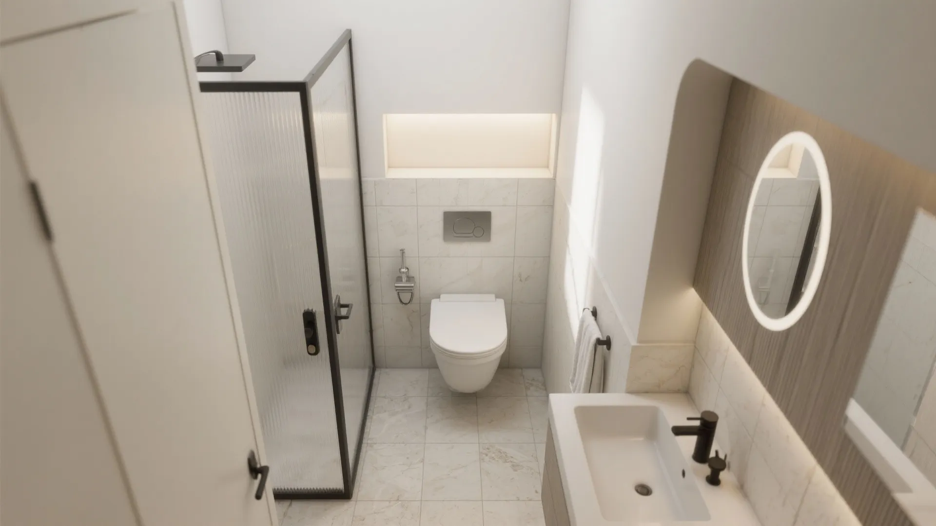 Top-down view of a narrow bathroom with an L-shaped niche hiding a wall-hung toilet, clear circulation and pale tile surfaces.
