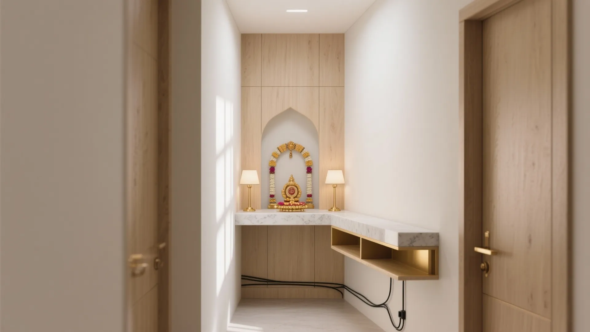 Compact L-shaped pooja niche with floating shelf and slim storage ledge in a clean corner passage.