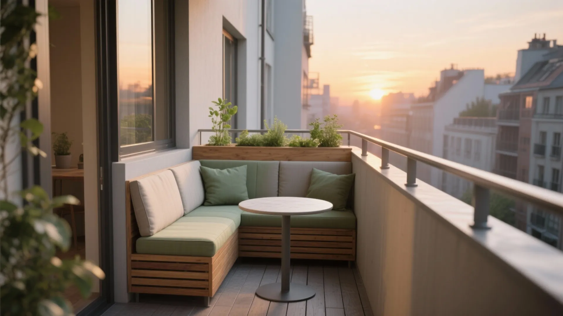 Corner balcony seating area with green cushions small round table and sunset city view background