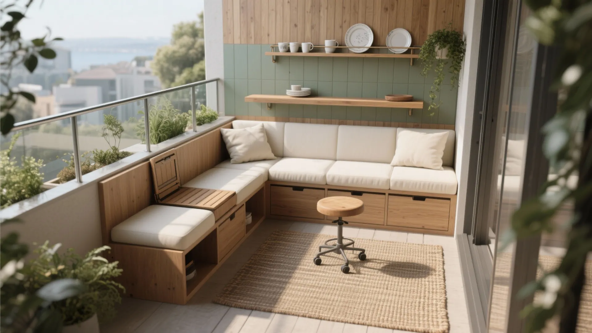 Modern balcony with wooden corner sofa white cushions small round stool rug and green wall
