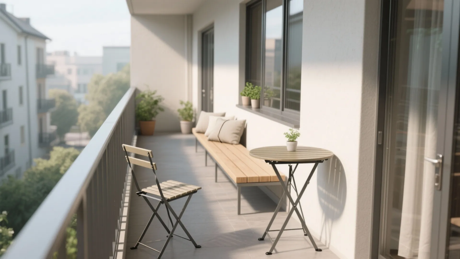 Slim bench + foldable table: the L-shaped nook