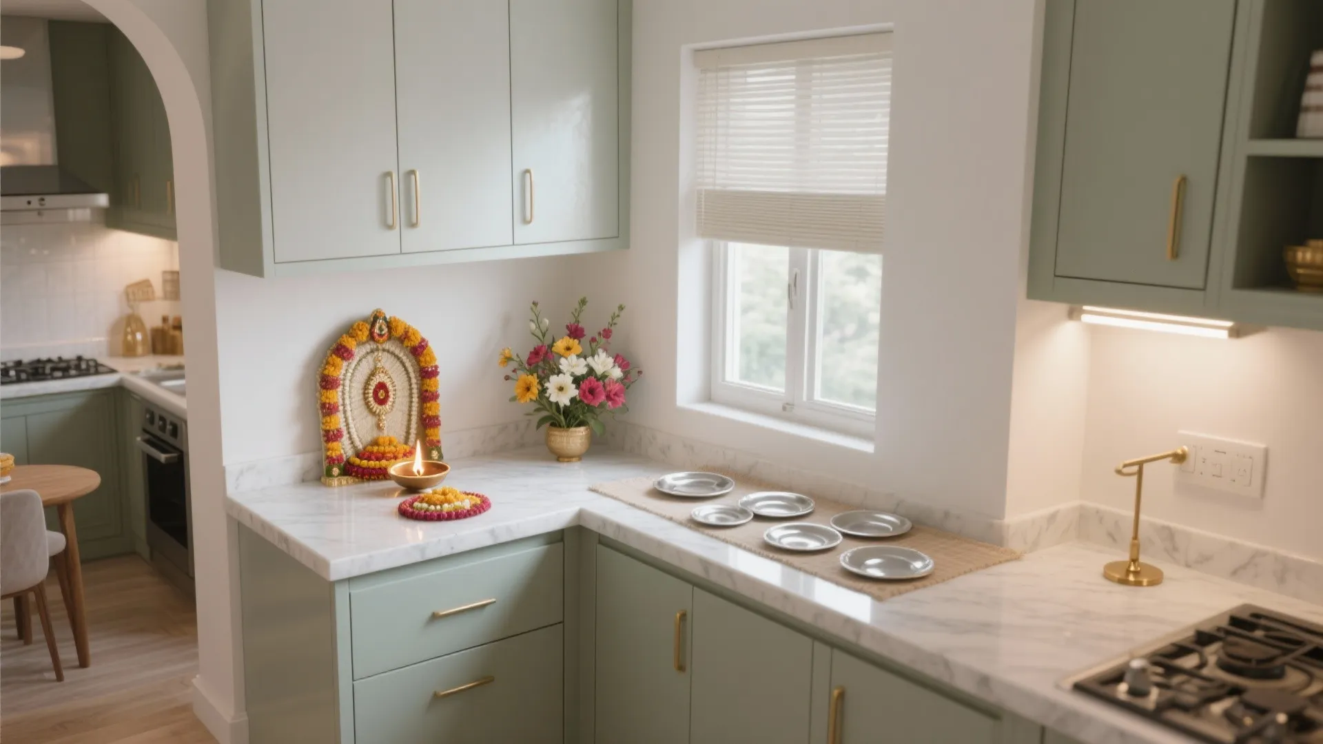 Modern green kitchen corner with white marble countertop silver plates flowers and a small candle