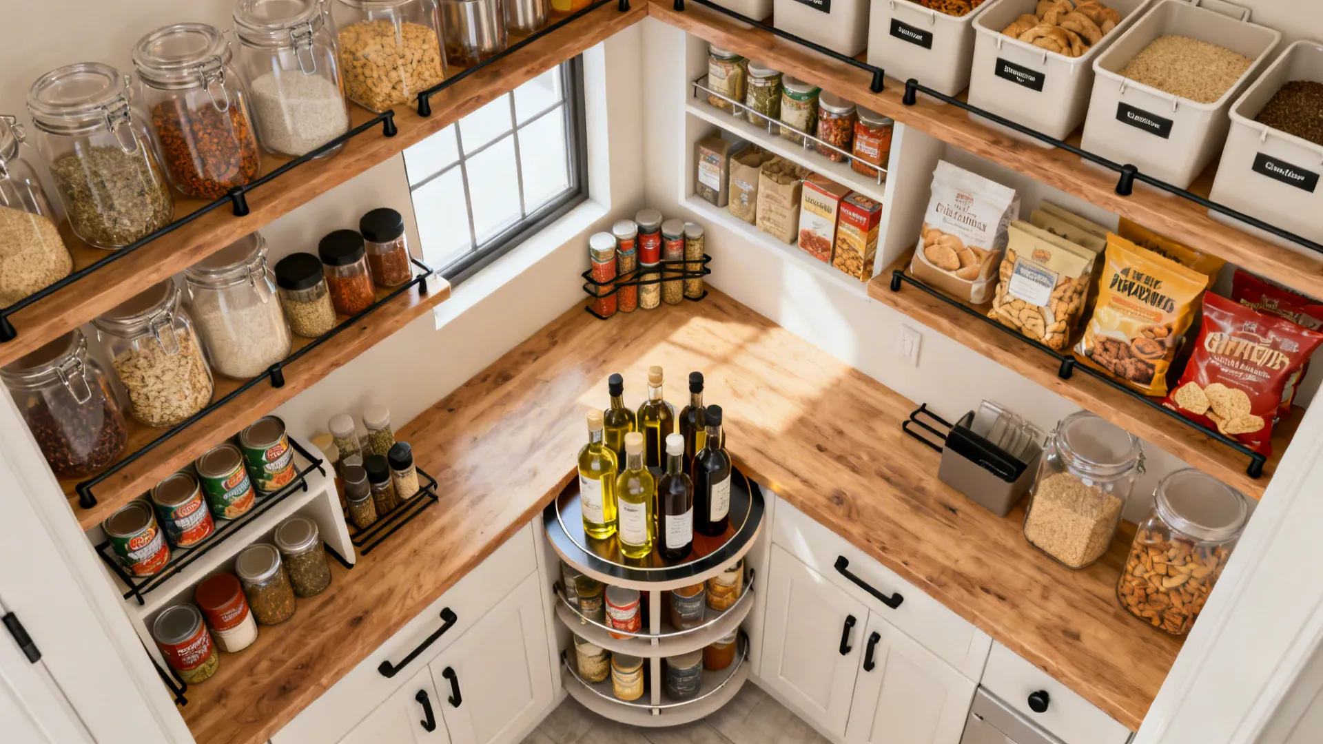 Small kitchen corner with wooden countertops white cabinets and shelves filled with jars and snacks
