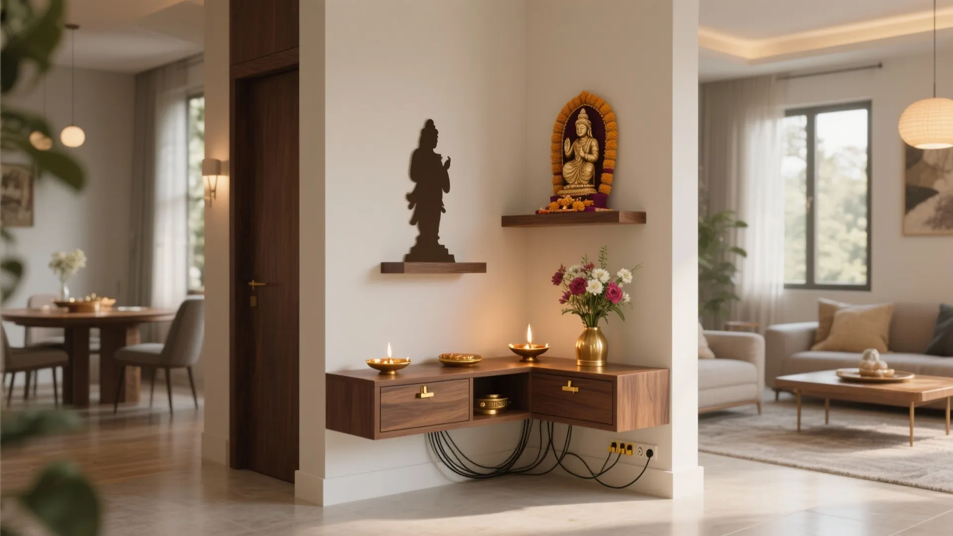 Compact L‑shaped nook that blends with living‑dining