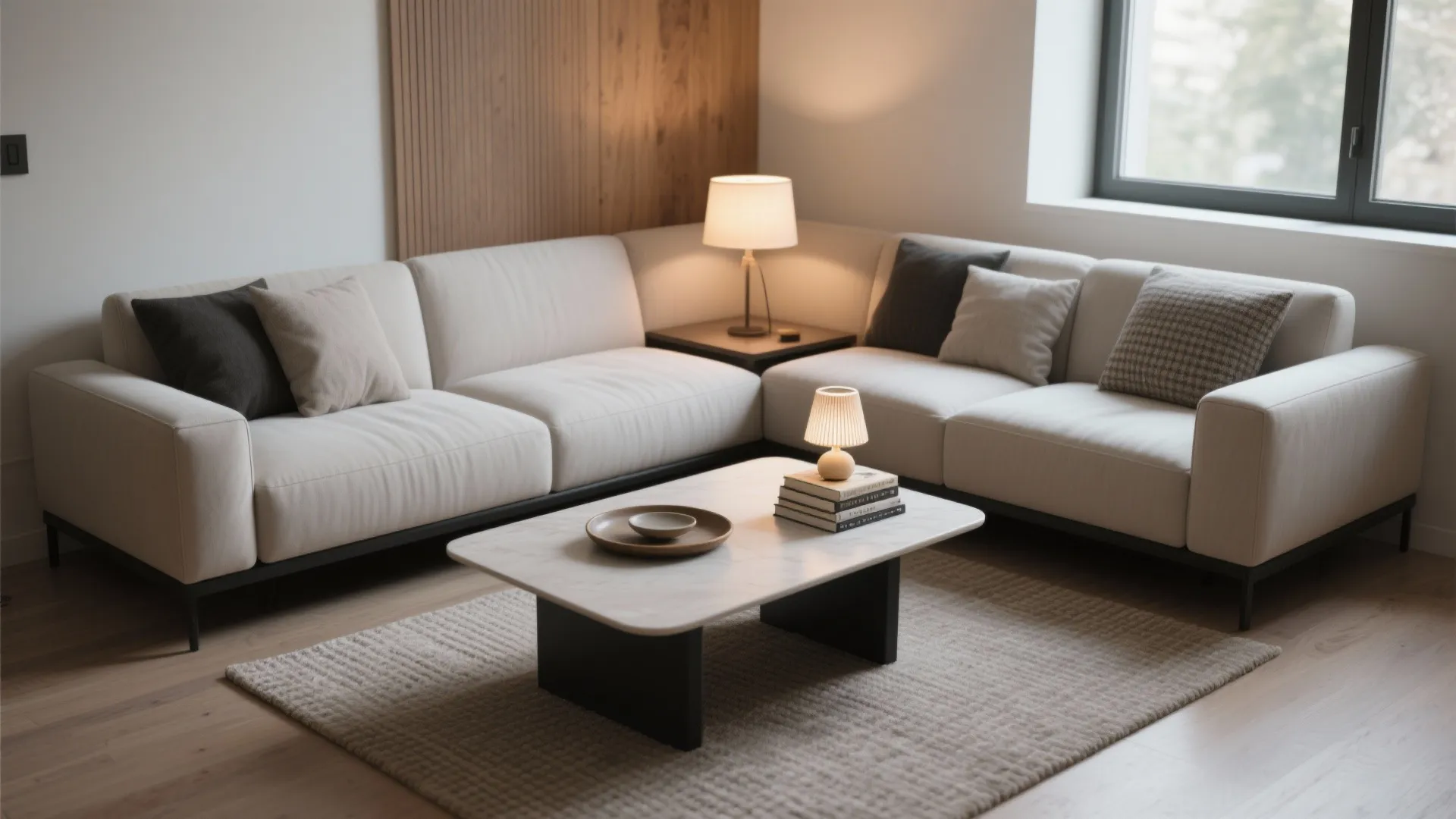 Modern living room featuring a white corner sofa, marble coffee table, beige rug, and lamp