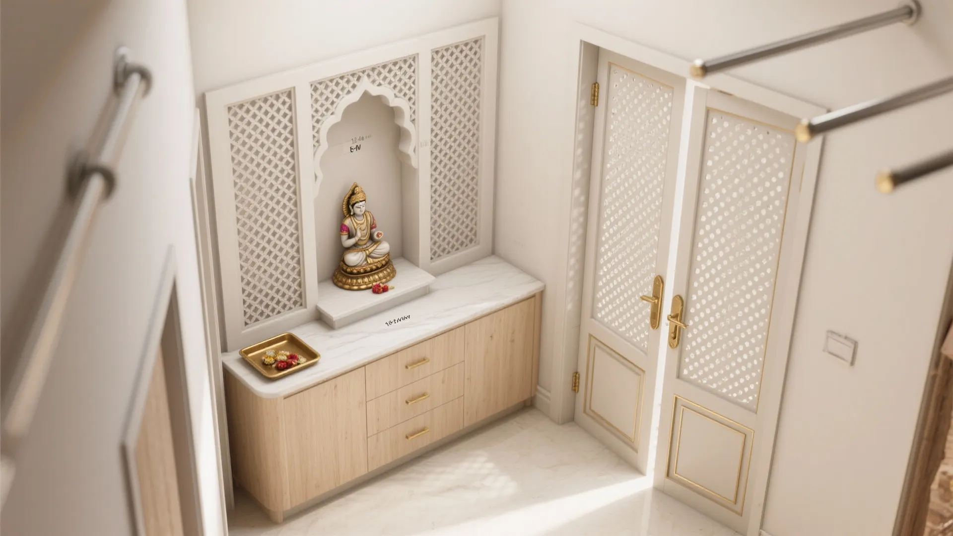 L-Shaped Pooja Nook With Sliding Jali Doors