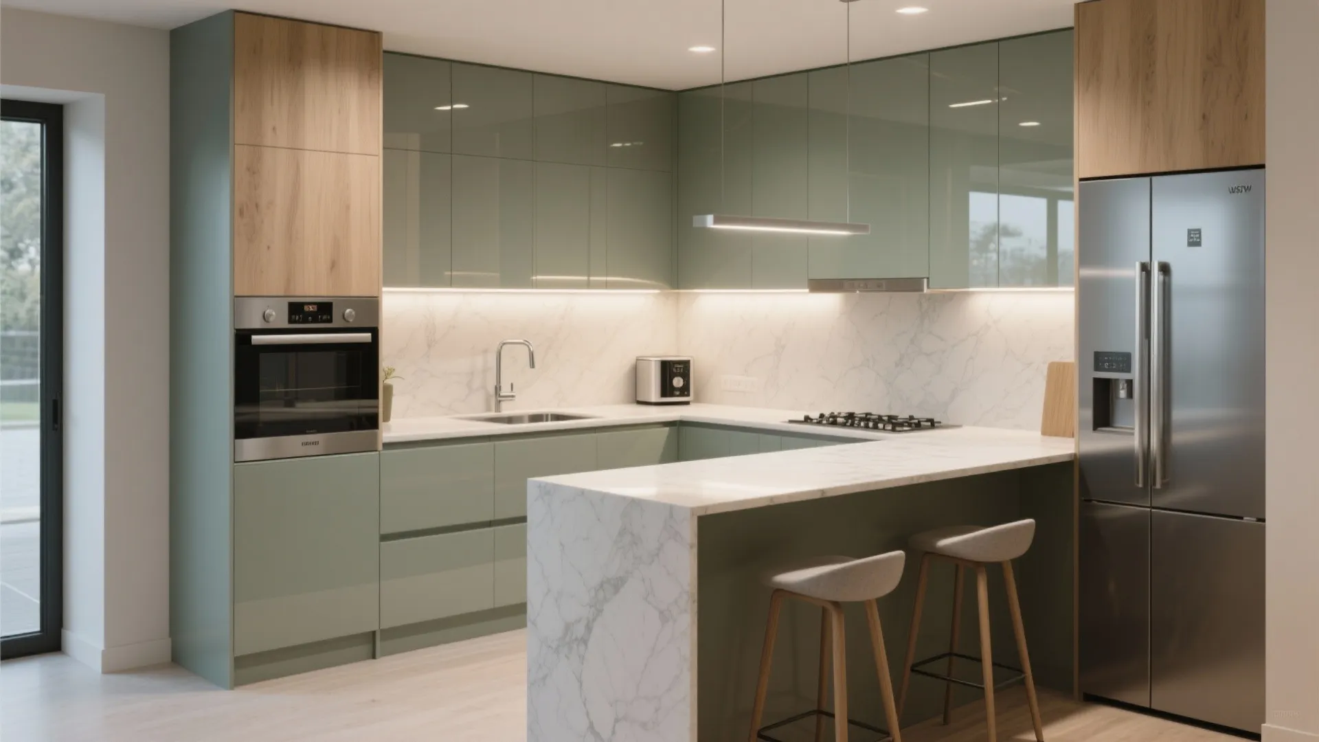L-shaped modular kitchen with a smart peninsula