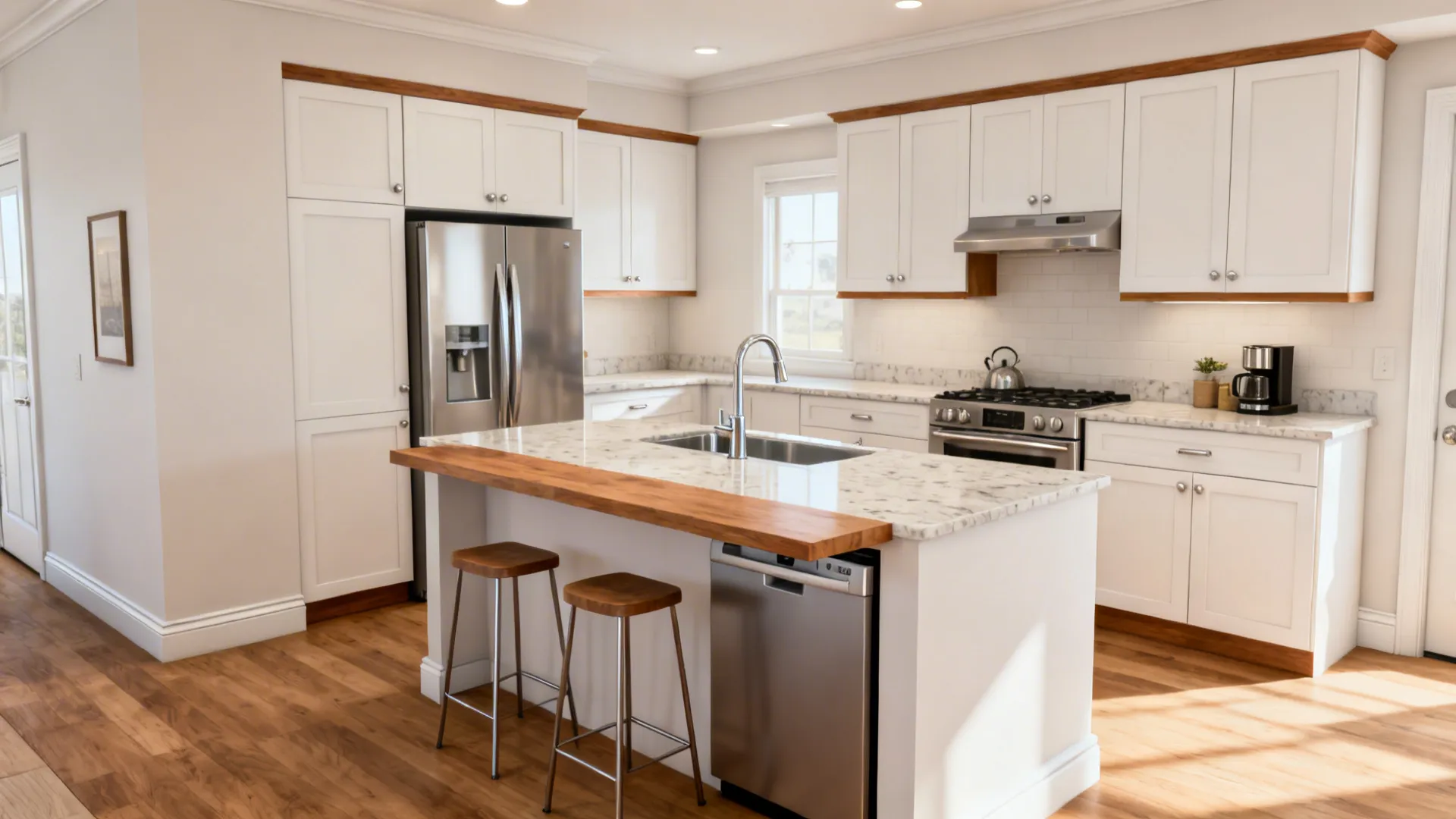 L-shaped 10x12 kitchen with a slim peninsula, two stools, and a coffee corner.