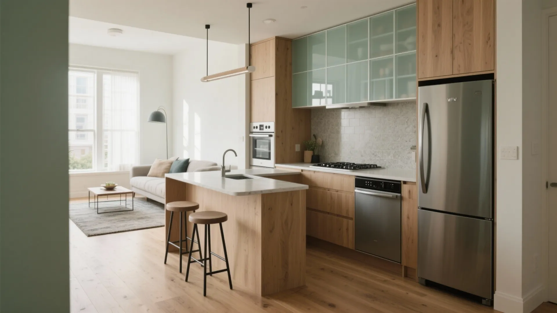 L-shaped micro-kitchen with a peninsula divider