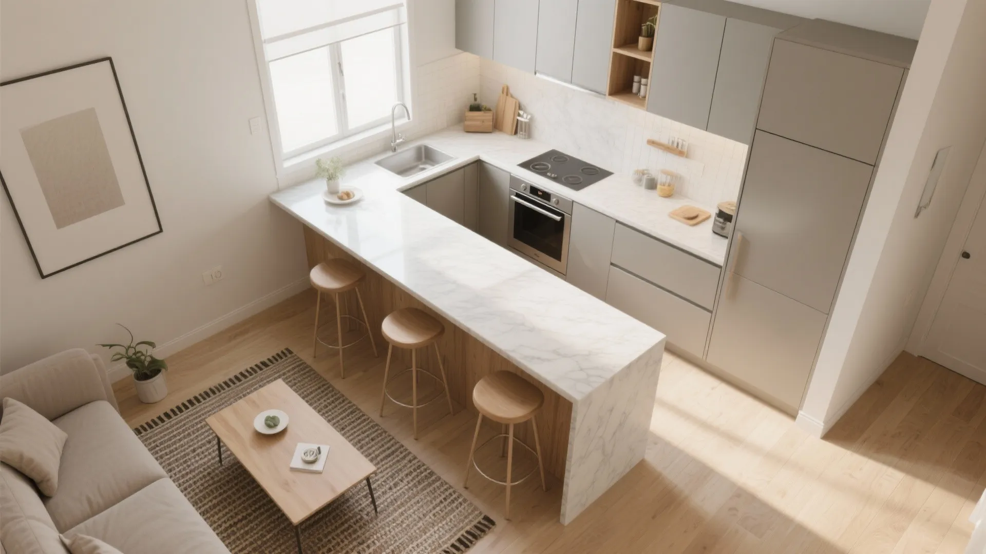 1) L-shaped combo with a slim peninsula