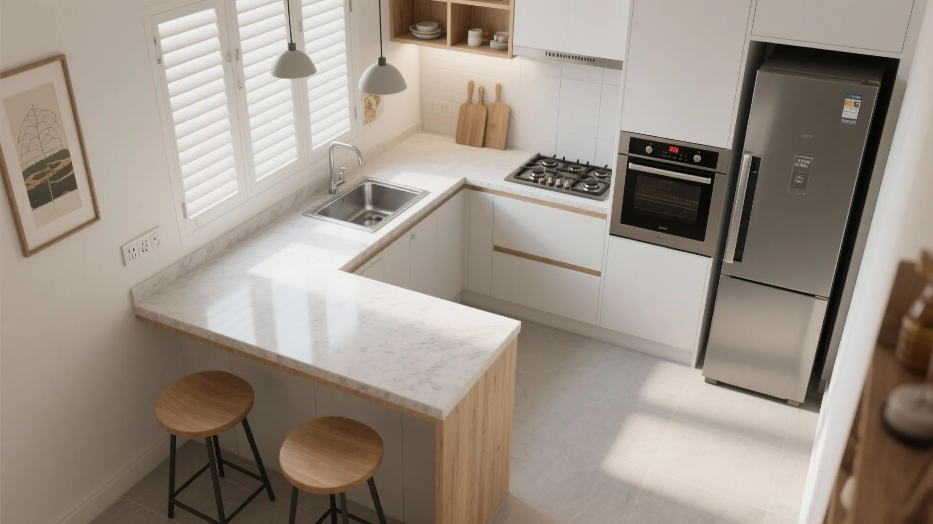 L-shaped kitchen with a peninsula dining perch