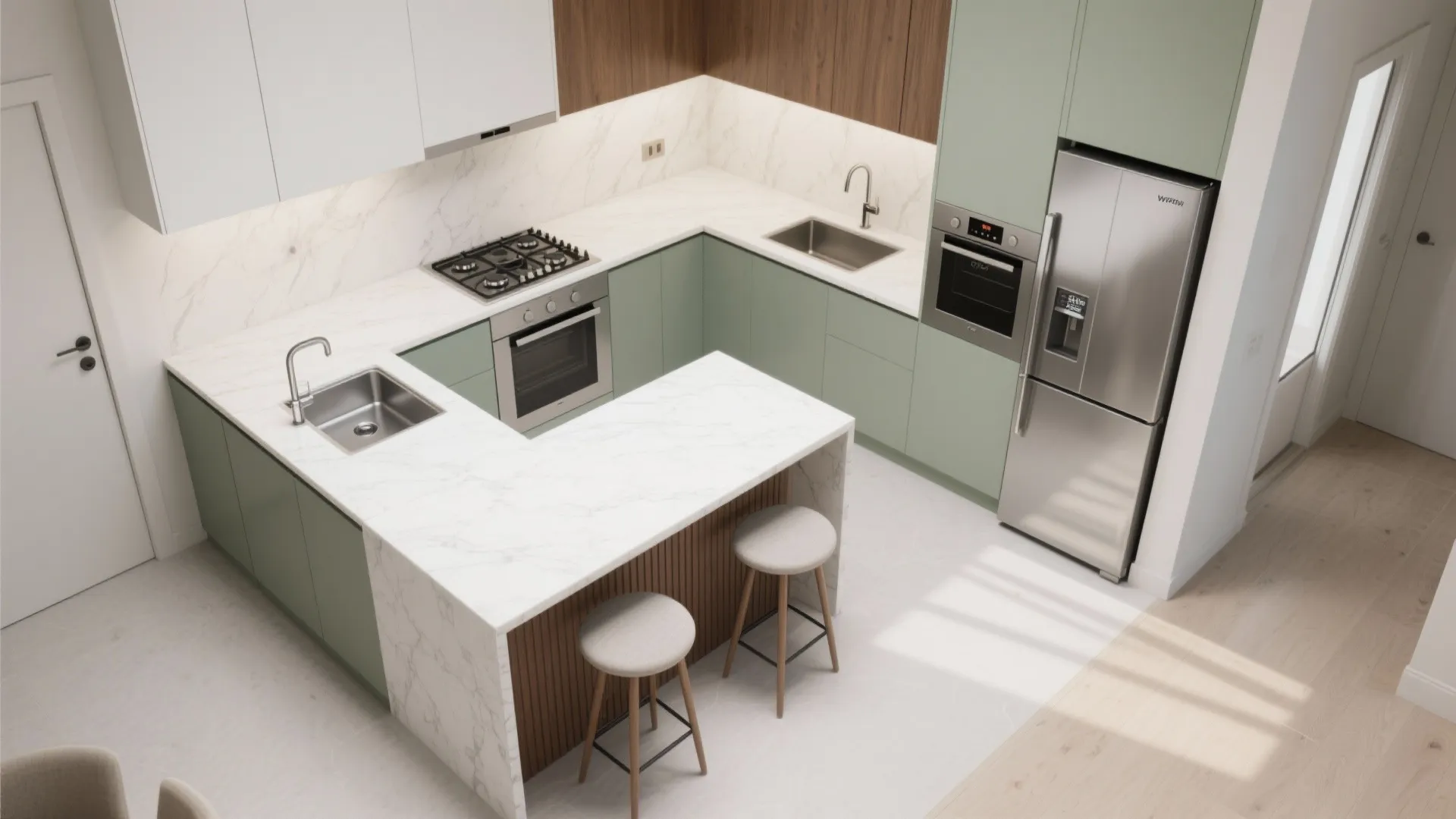 L-shaped kitchen with a compact peninsula