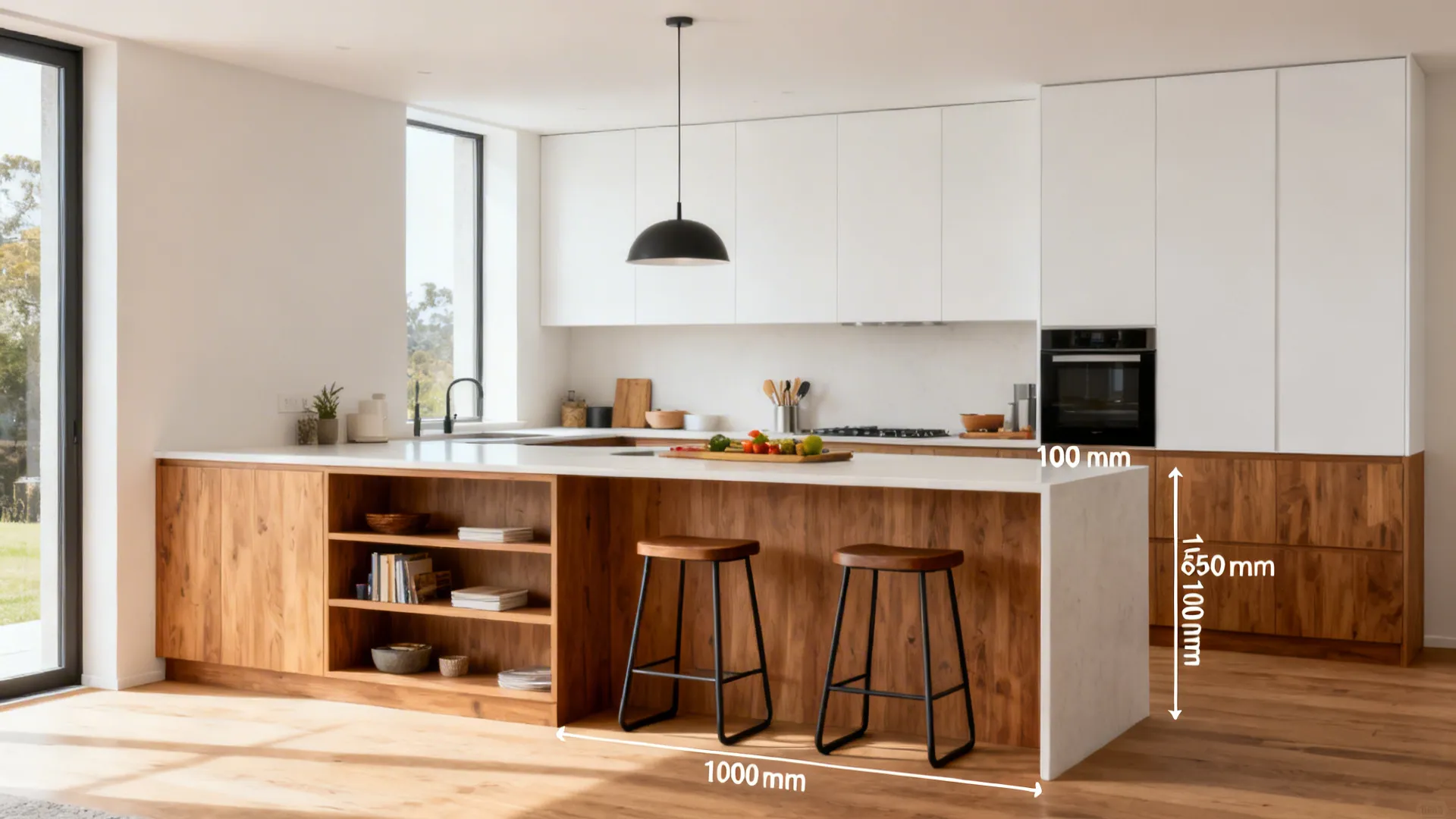 Modern kitchen with wood island, white countertop, two stools, black ceiling light, and size measurements