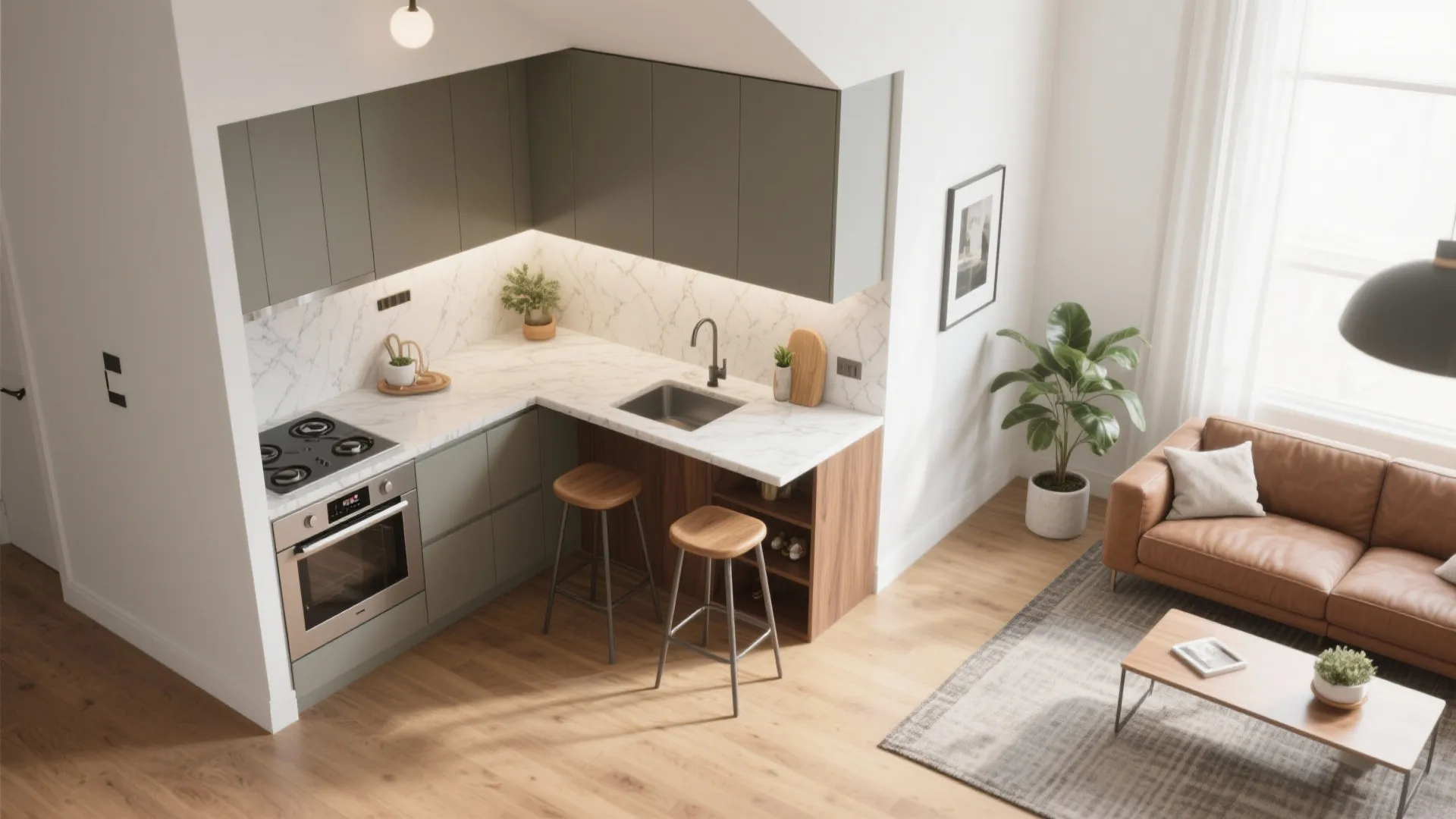L-shaped micro-kitchen with a social peninsula