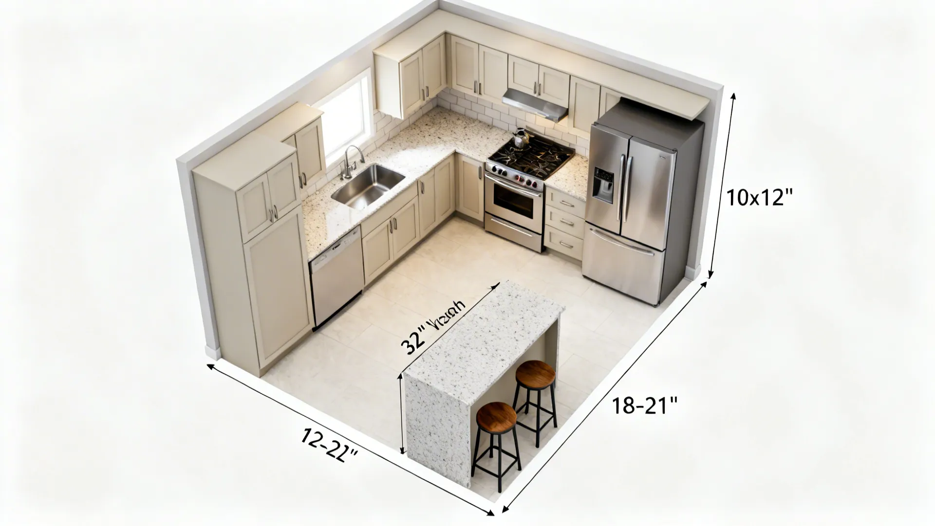 Top-down view of a 10x12 L-shaped kitchen with a slim peninsula and 42-inch aisle.