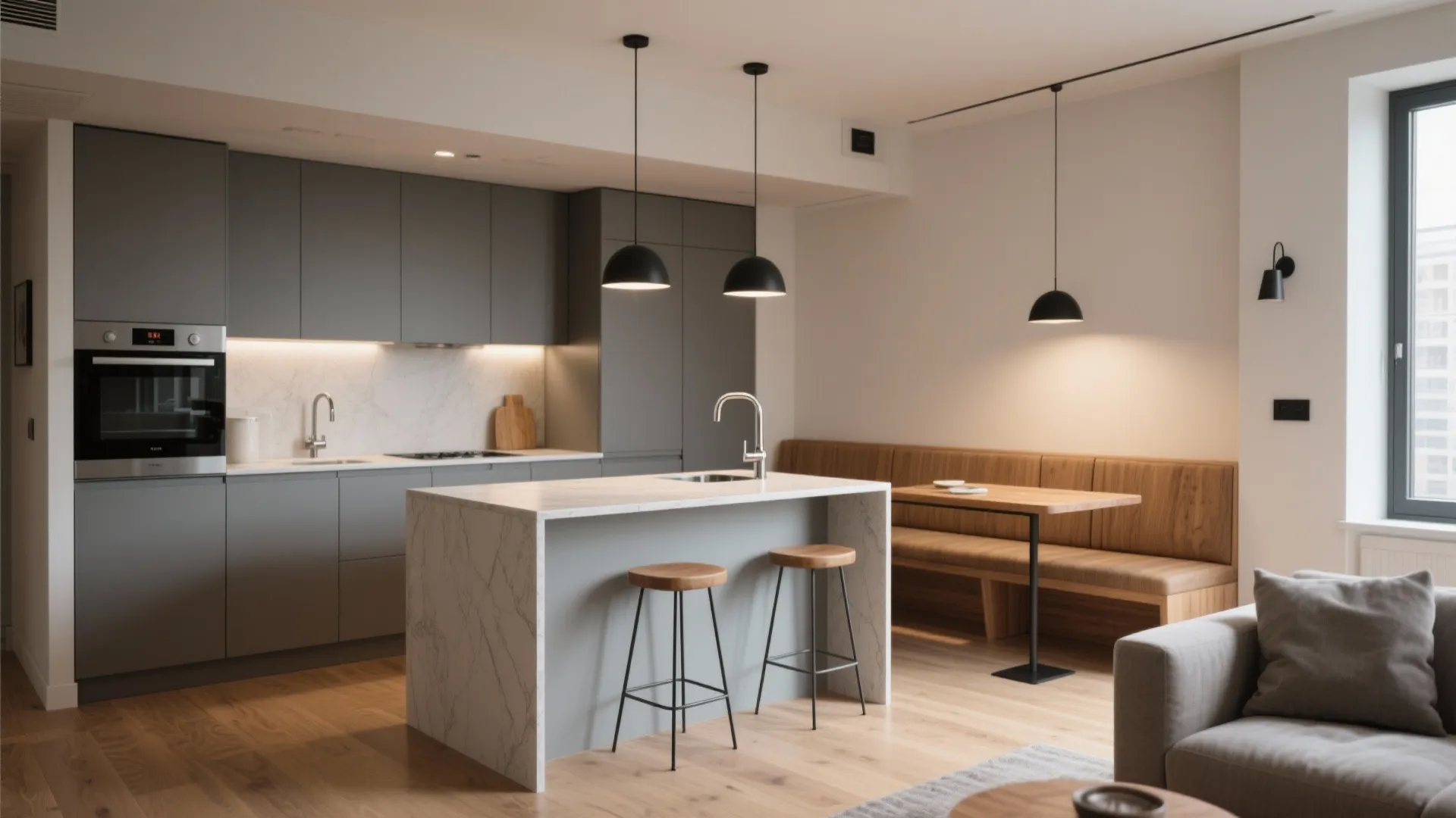 Peninsula or L-shaped zoning with a cozy banquette