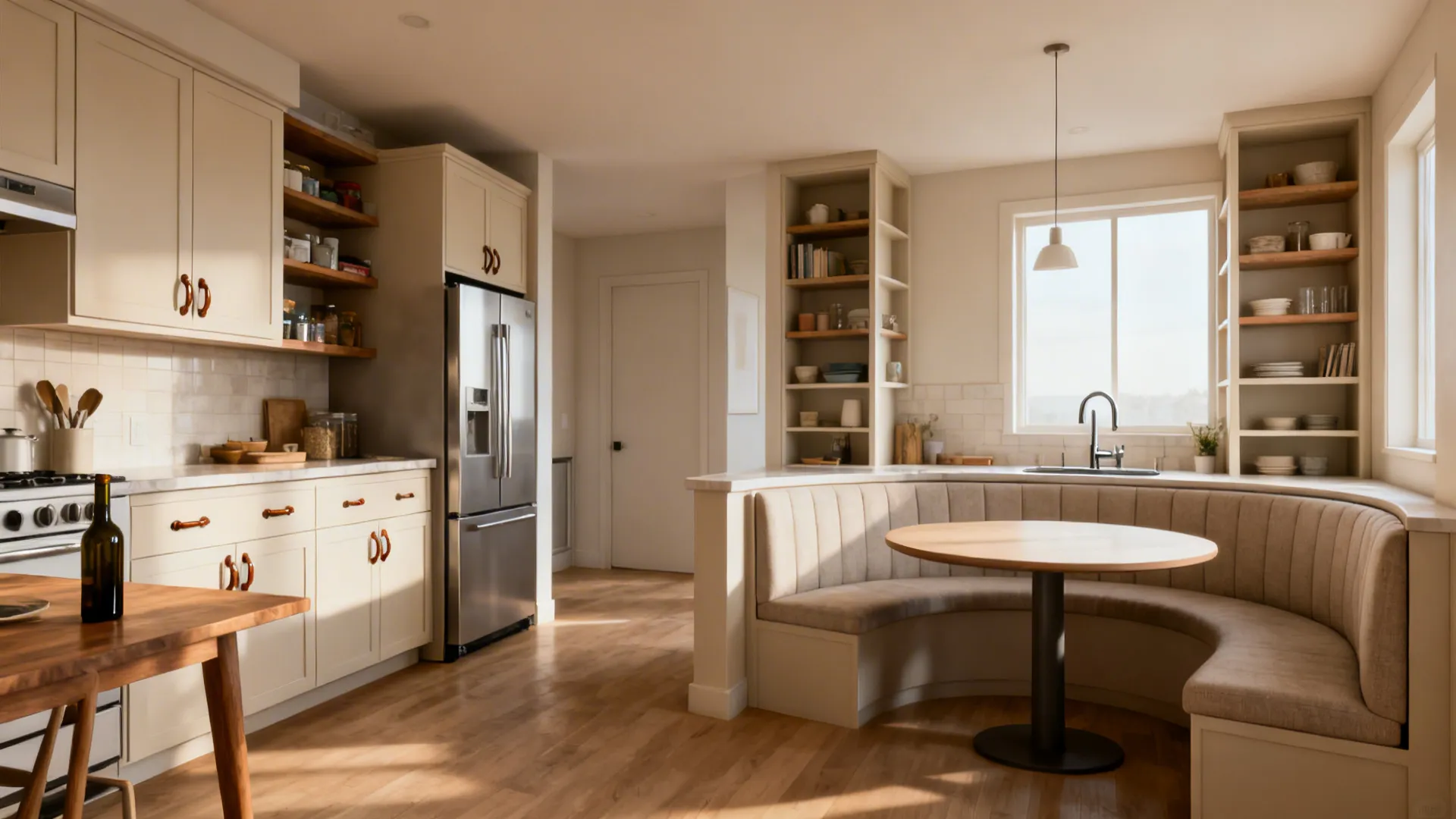 Before: cramped straight kitchen; After: L-shaped plan with banquette and clear path improving flow and cohesion.