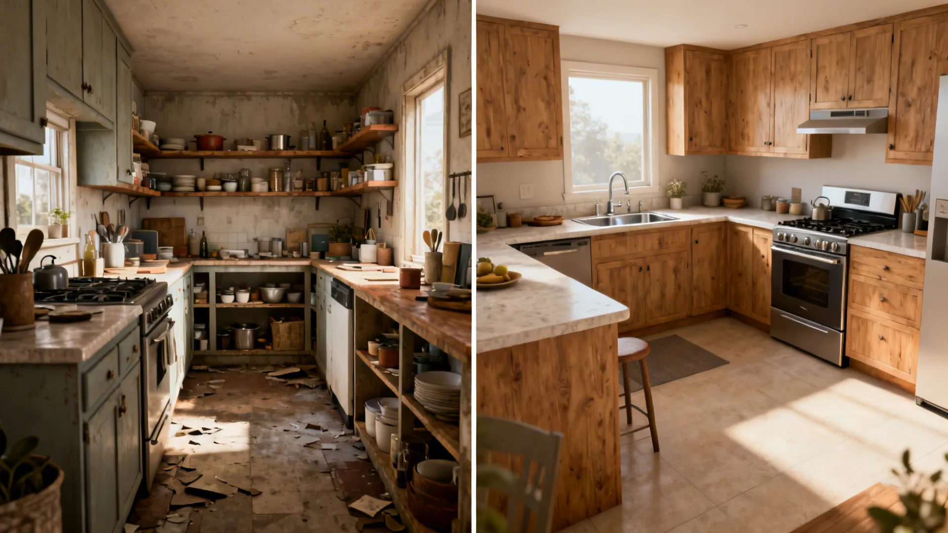 Before-and-after of a galley turning into an L-shaped 9x7 kitchen with better prep space.