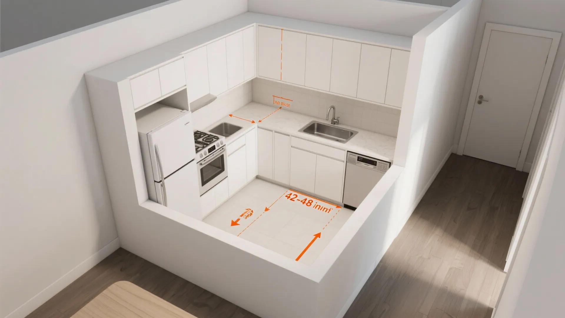 L-shaped kitchen hugging the hall