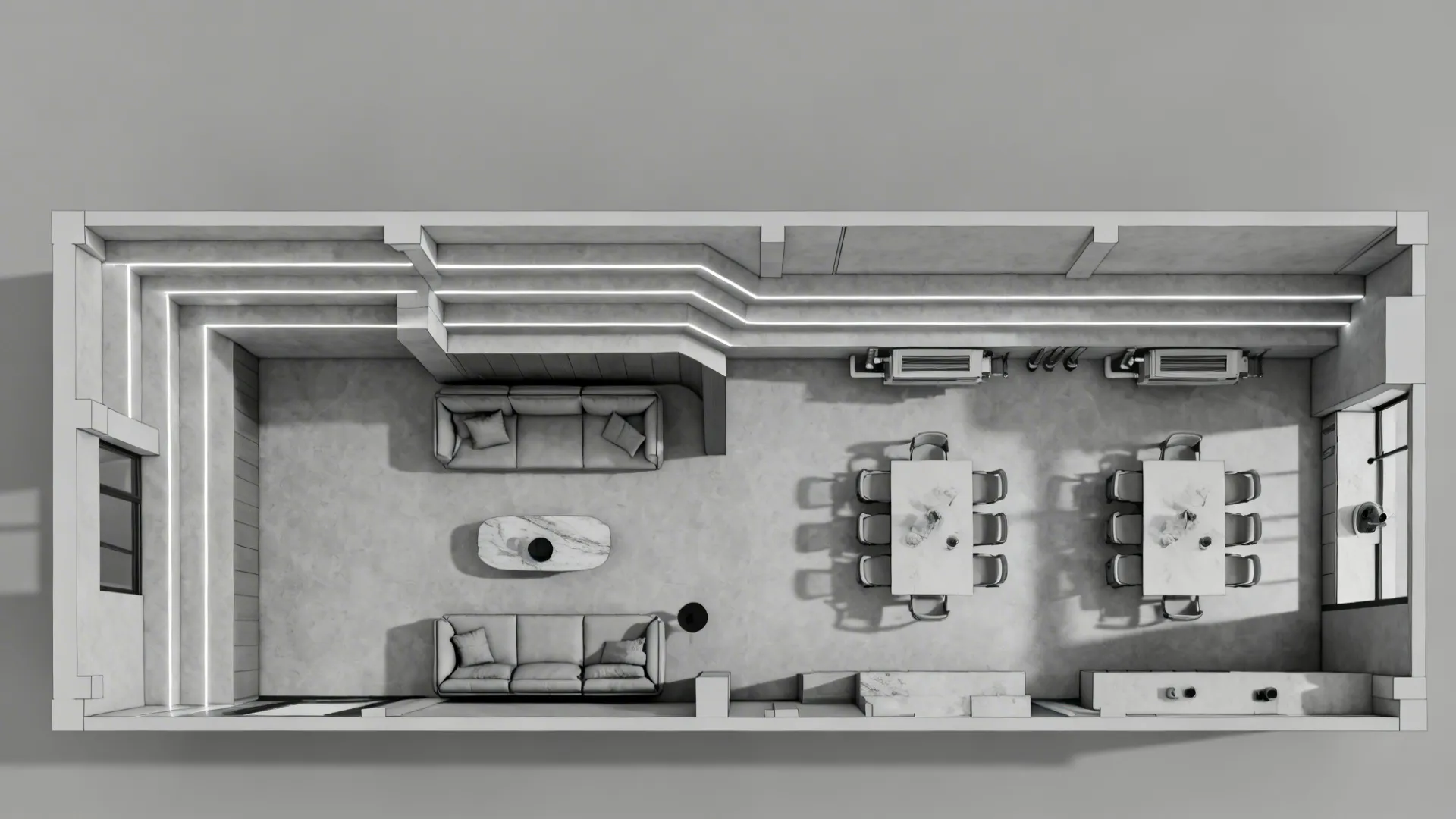 Top-down L-shaped plan illustrating stepped ceiling tiers and linear lighting routes.