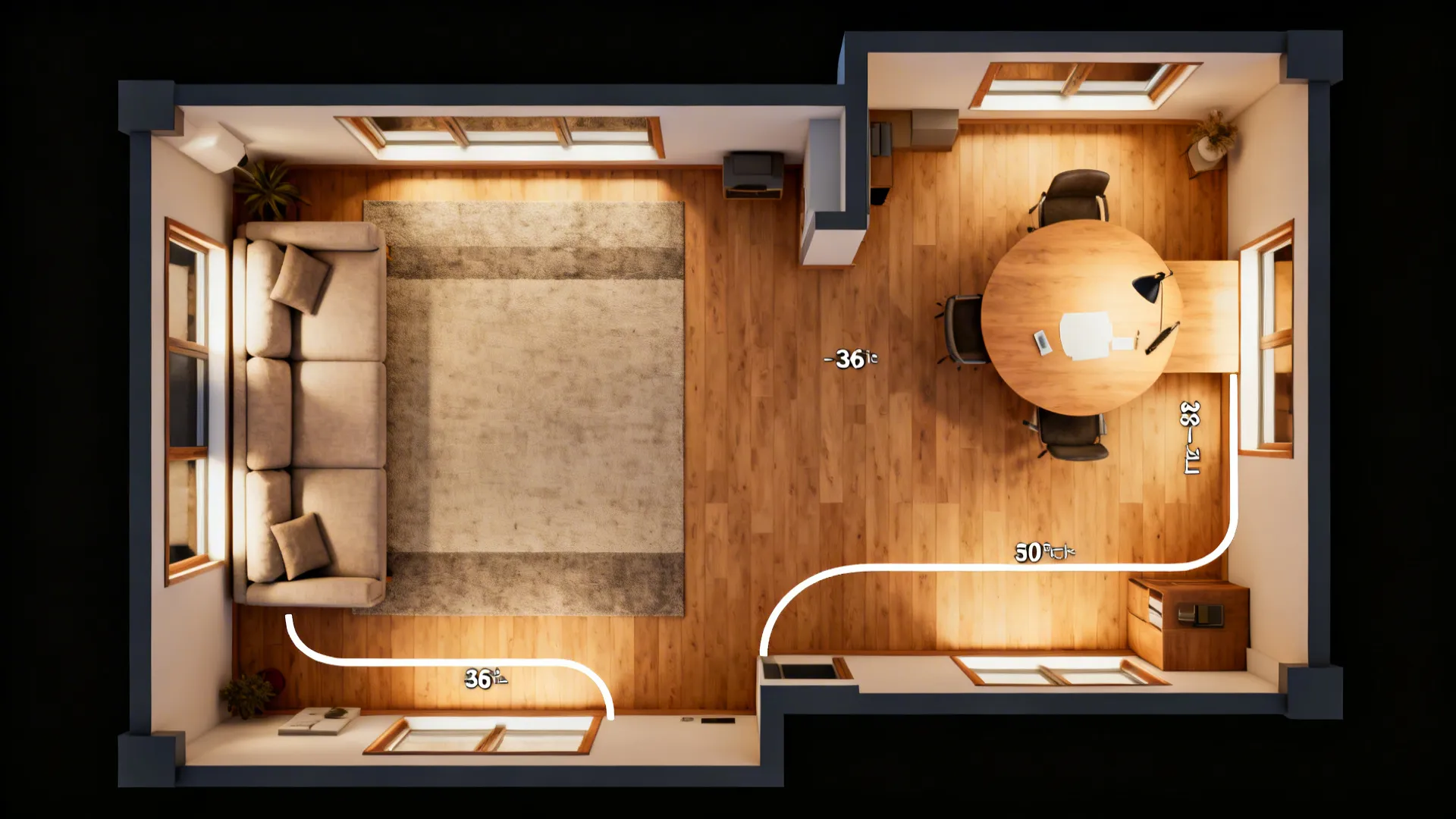 Top-down visualization of an L-shaped living room showing lounge and dining zones with clear walkways.