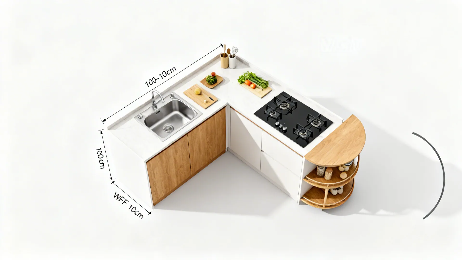 Top-down view of a compact L-shaped kitchen layout with clearances and corner access.